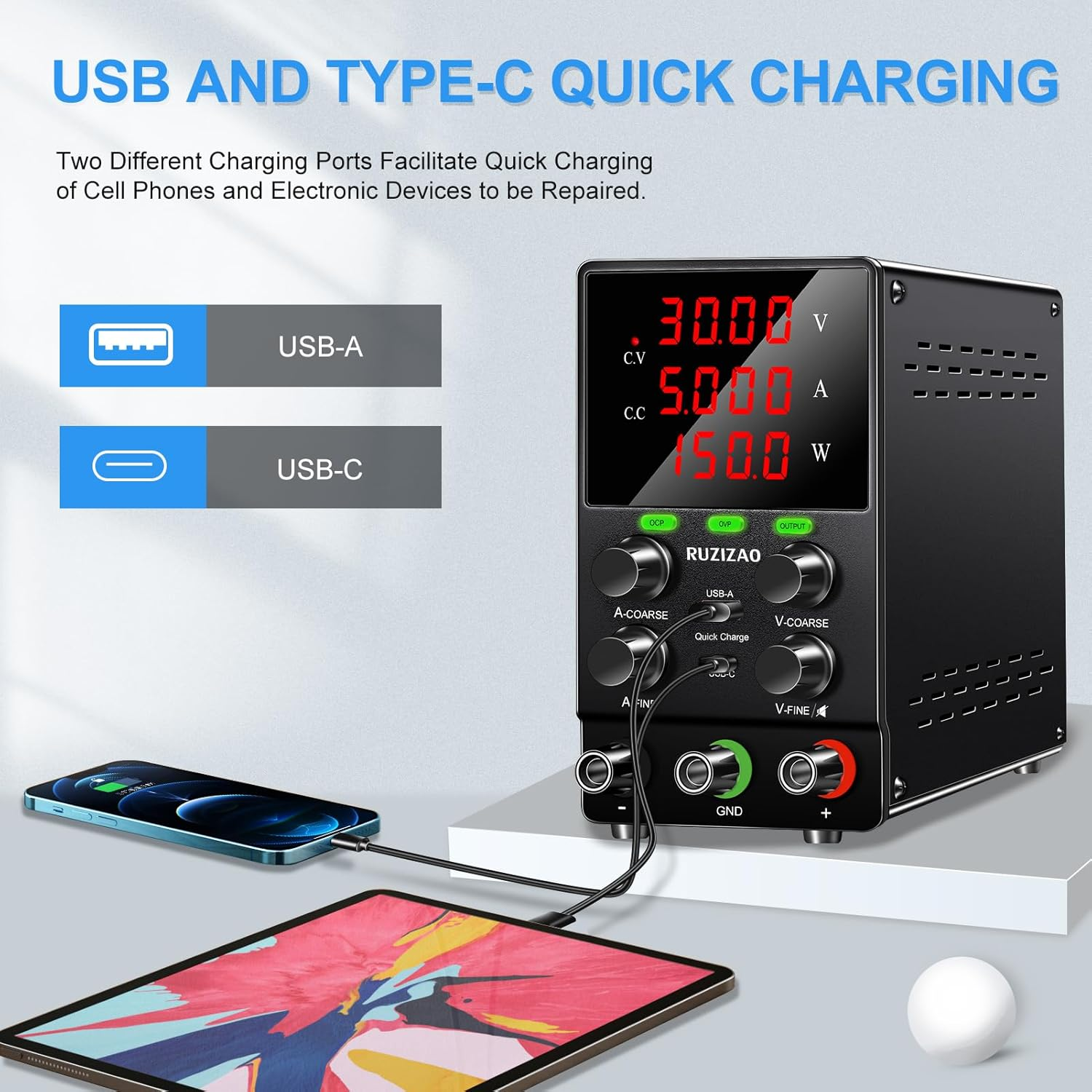 DC Power Supply Variable, Upgraded Version, 30V 5A 150W, Adjustable Switching Regulated Lab Bench Power Supply, OCP/OVP, Encoder Knobs, Usb&Type C Fast Charging, 4-Digit LED Display image number 3