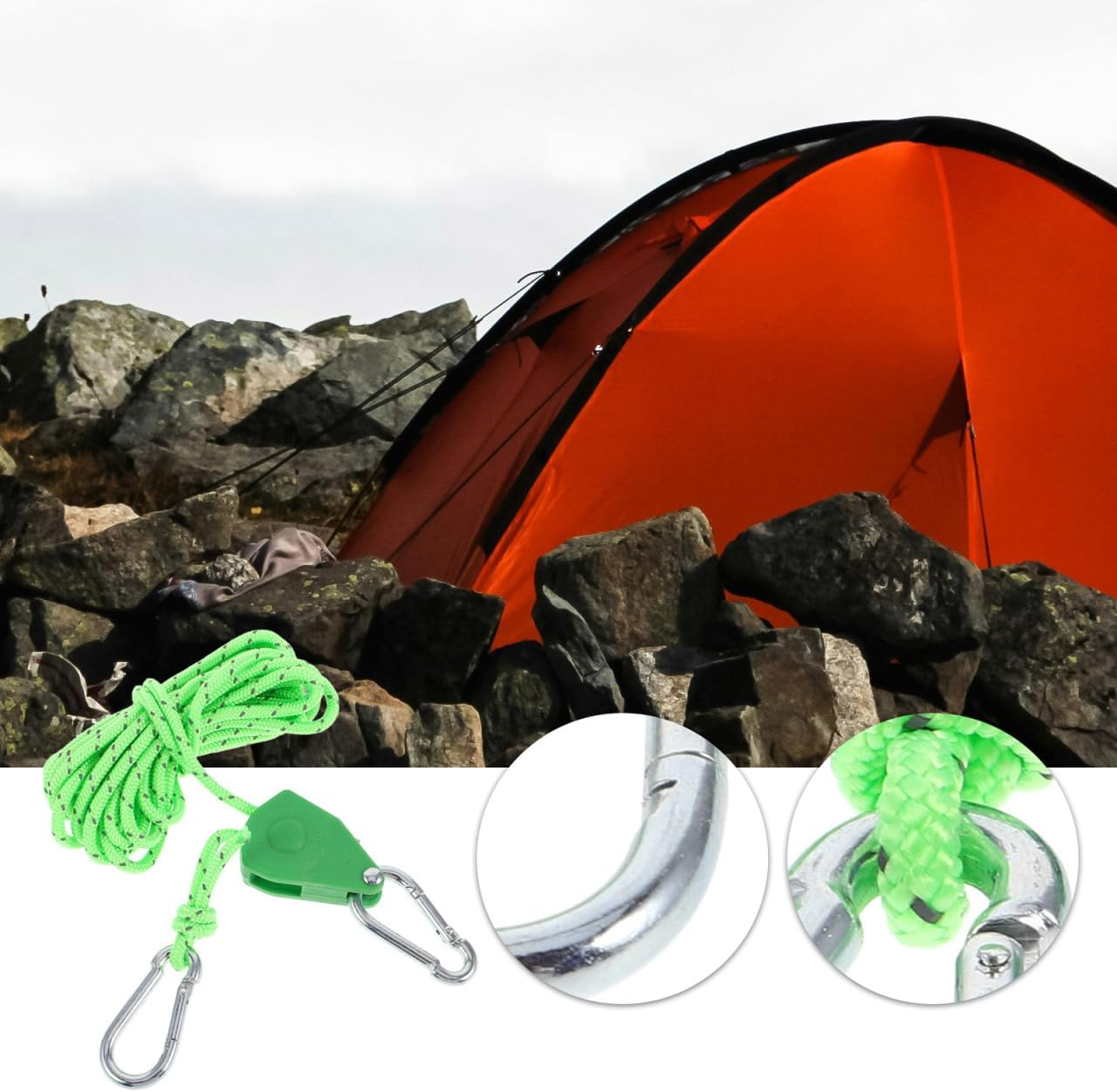 BESPORTBLE Tent Windproof Carabiner Reflective Tent Rope Adjustable Rope Tarp Tie Downs Tent Rope Tensioner Pulley Tent Ropes and Tensioners Camping Rope Stainless Steel Black - Red image number 3