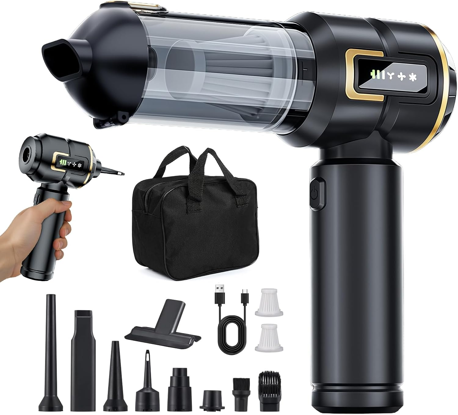 Car Vacuum Cleaner Cordless with Battery Display, 23000PA Mini Handheld Vacuum Cleaner, 4-In-1 Compressed Air Duster & Air Blower & Pump Hand Held Vacuum with Brushless Motor for Car, Home, Office image number 2