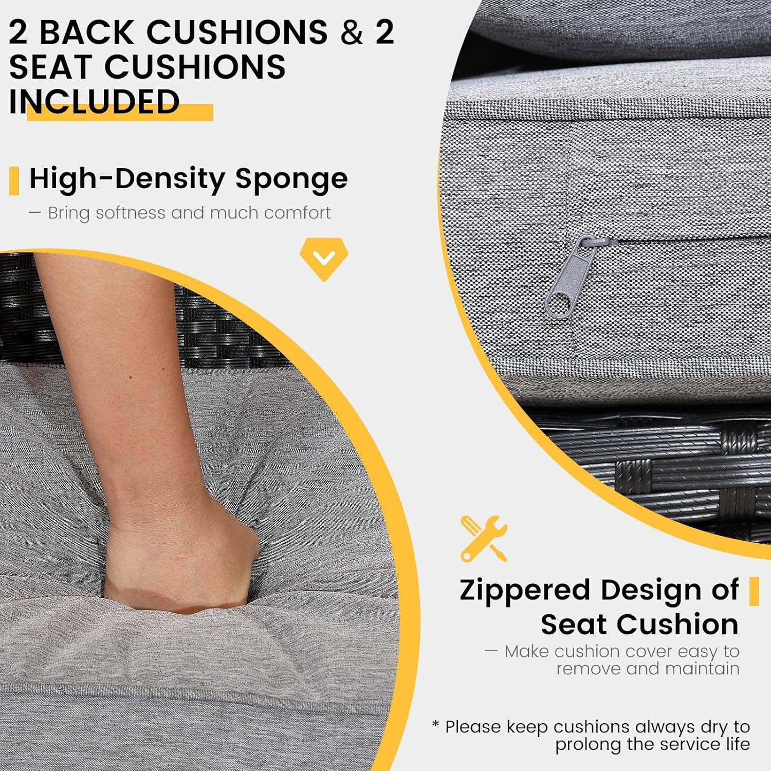 Costway 3 Pieces Patio Lounge Set, PE Rattan Wicker Outdoor Sofa Set W/Washable Cushion and Tempered Glass Tabletop, Conversation Furniture for Garden Poolside Balcony (Gray) - Gray image number 3