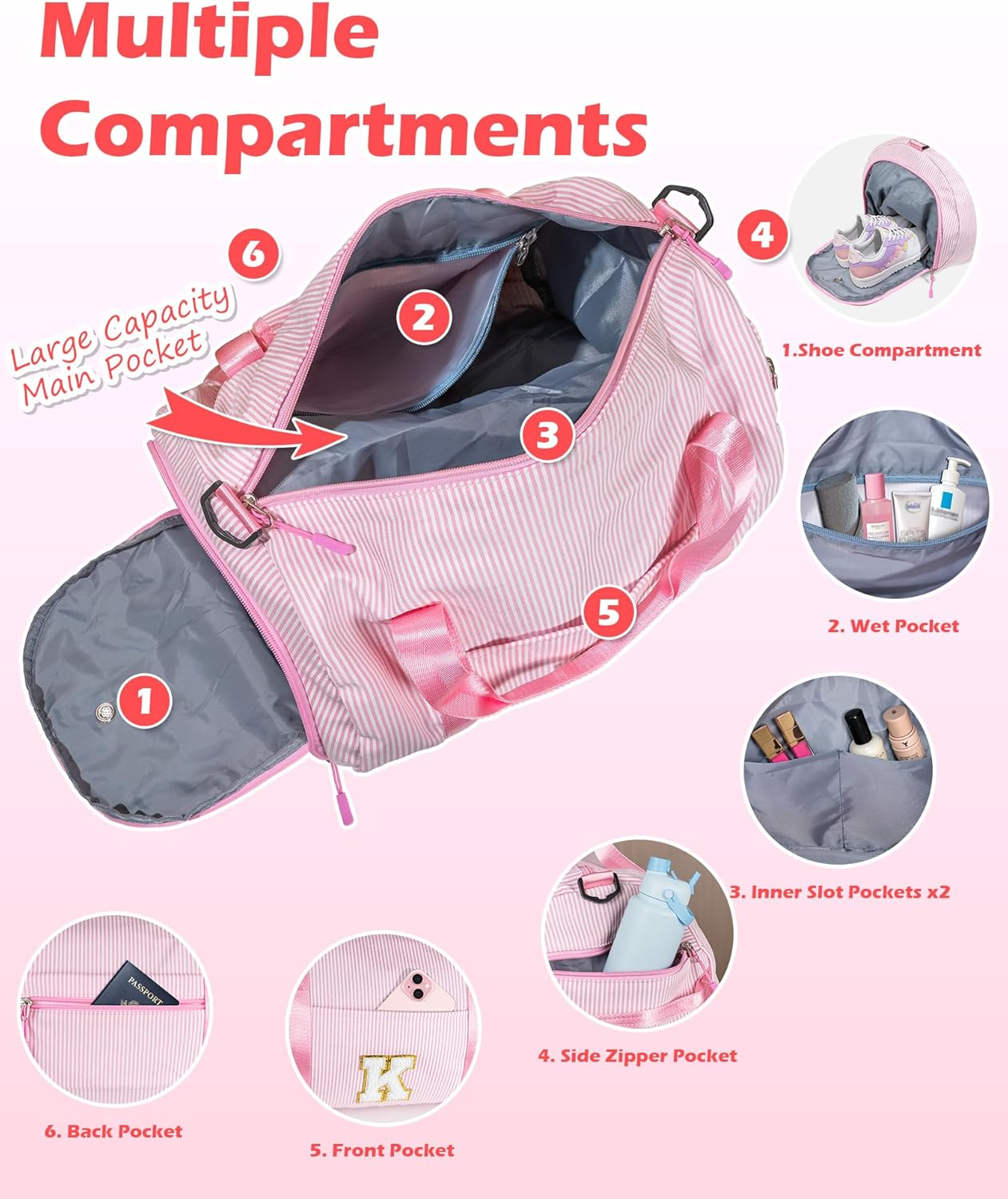 Vogewood Gift for Teenager, Girls Travel Duffle Bag, Kids Initial Overnight Duffel Bags with Shoe Compartment, Personalized Weekender Bag with Makeup Pouch, Teen Girl Gifts Trendy Stuff, Pink, C image number 6