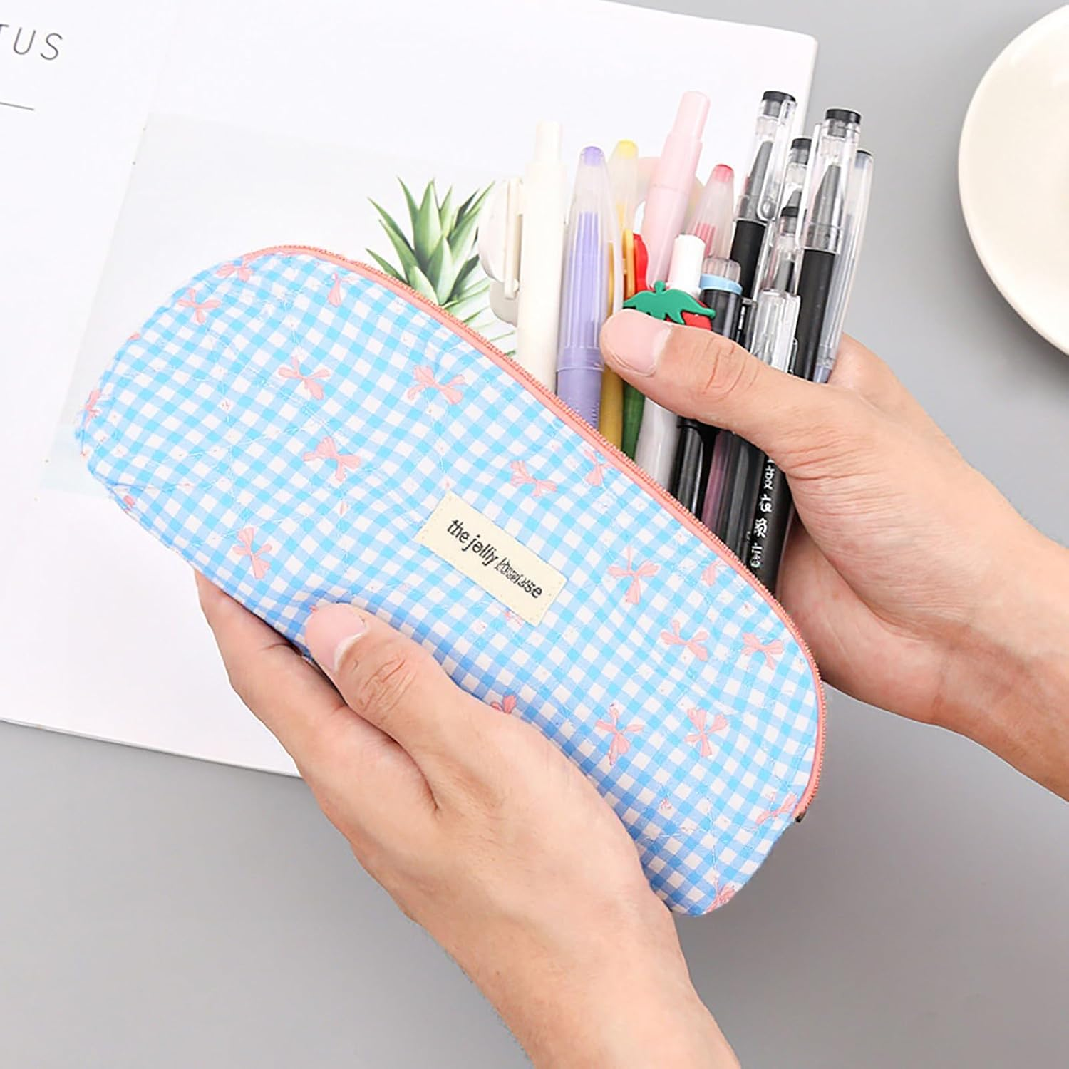 Cute Pencil Case, Pink Bow Stationery Bag, Soft Quilted Pencil Pouch, Portable Pen Bag Wide Opening, Organizer with Zipper for Pens, Cosmetics or Travel Accessories (Blue) - Blue image number 6