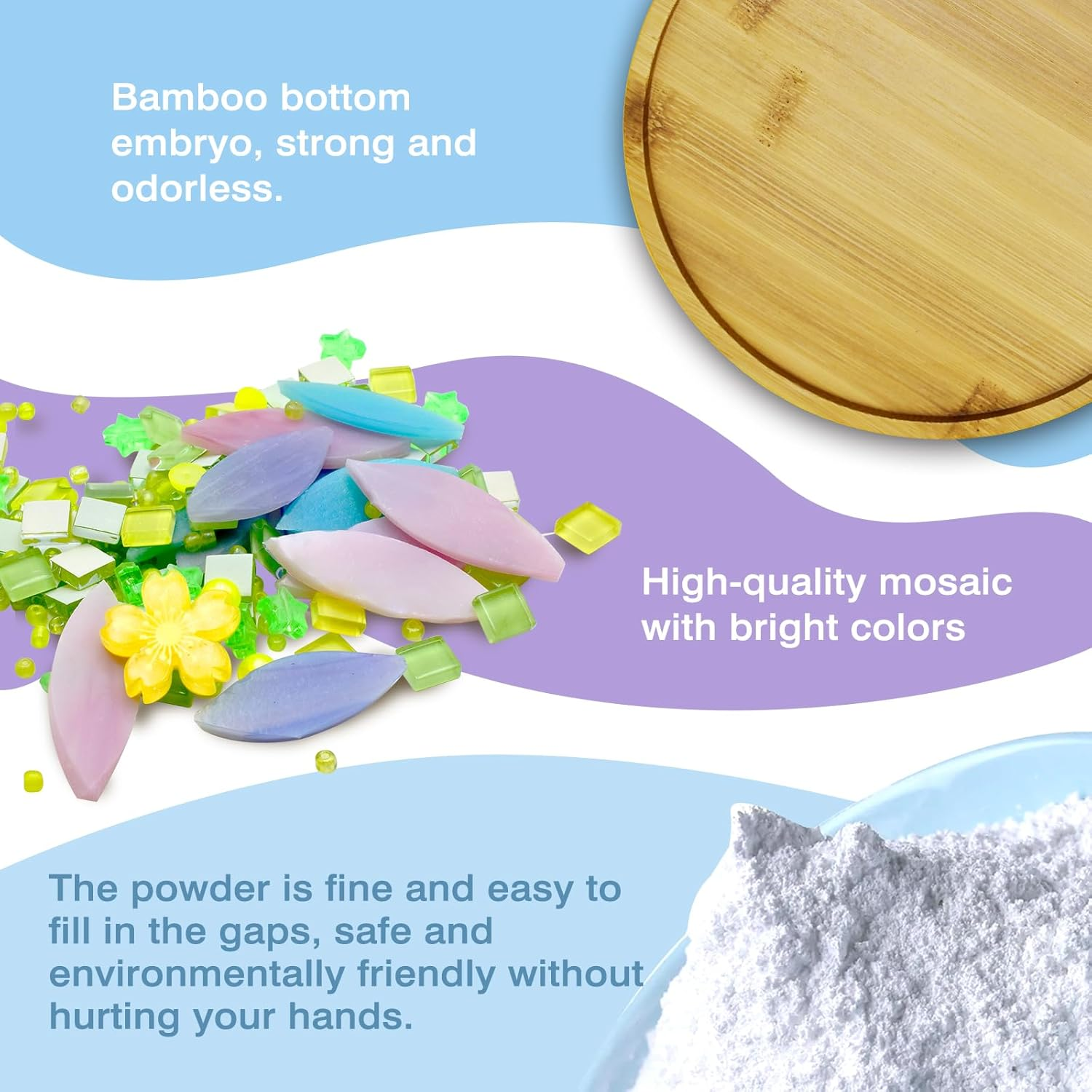 Glass Mosaic Tiles, Mosaic Kit with 6.1 Inch Bamboo Coaster, Crafts for Adults Mixed Colors Mosaic Kit Mosaic Crafts Materials Package Mosaic Supplies for Coaster Handmade Home Decor Gifts (Round 1) image number 1