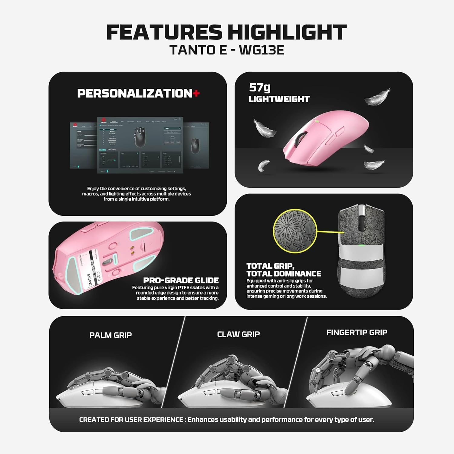 Fantech Tanto E Wireless Gaming Mouse Pixart 3311 Gaming Sensor 12000 DPI, HUANO Switches, Super Lightweight 57 Grams, 3 Mode Connectivity, RGB Charging Dock - Pink - Black image number 2