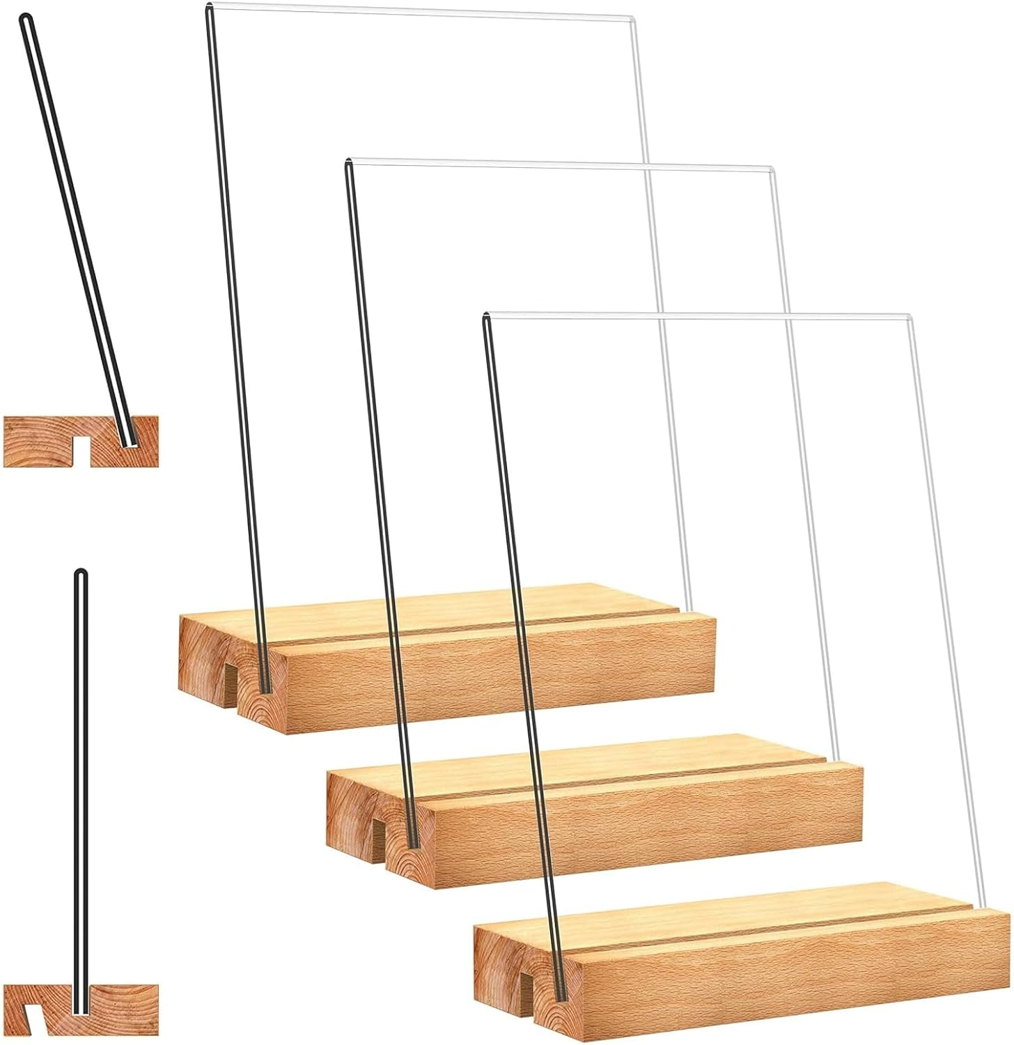 3 Pack Acrylic Sign Holder&ndash; Double-Sided Tabletop Display Stand with Wooden Base, Vertical & Slant Back &ndash; Perfect for Wedding Menus, Table Numbers, Restaurants, Retail, Office, Vendor Booth, QR Codes