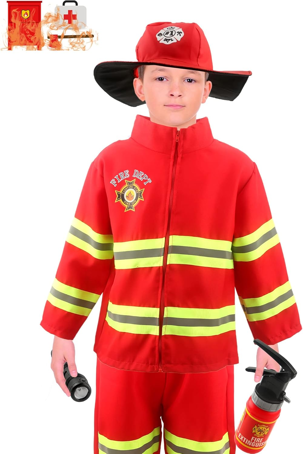 17 Pcs Kids Fireman Costume Set Fire Chief Firefighter Dress up Outfits for Halloween Firefighter Pretend Role Play Toys image number 5
