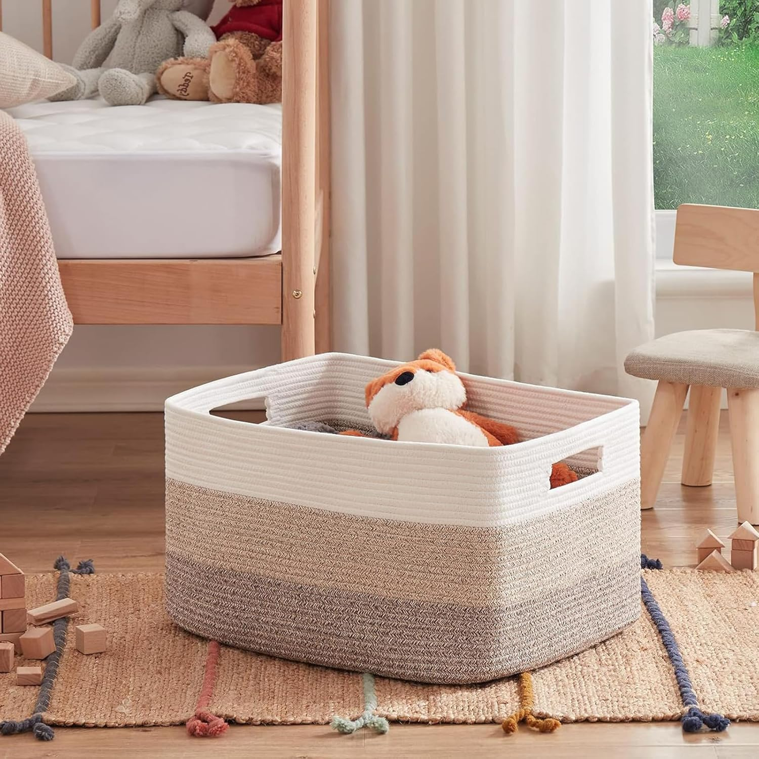 Woven Cotton Rope Laundry Storage Basket with Handles, round Hamper for Pillow, Clothes, Blanket,Toys, 55*43*30Cm Gradient Yellow image number 6