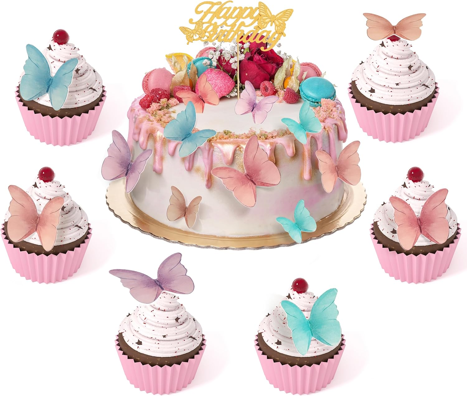 48 Pcs Edible Butterflies for Cake Decorations and 'Happy Birthday' Butterfly Cake Topper, 3D Wafer Paper Butterfly Cupcake Toppers and Cake Topper for Birthday Party Cake Decorations (Mixed Colour) image number 2
