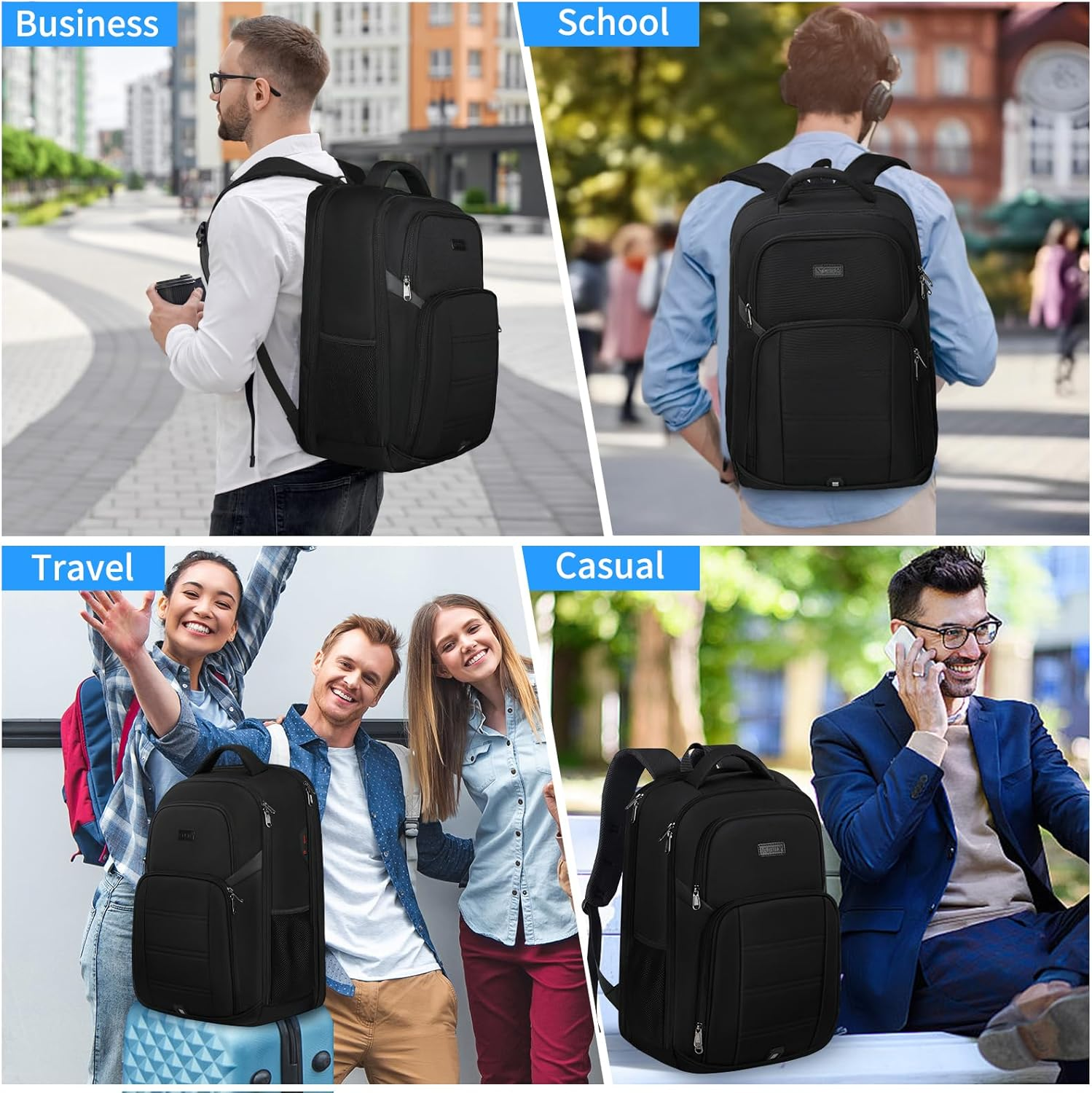 Travel Backpack Laptop Backpack 15.6 Inch Waterproof Large Computer Bag Work Business College Backpack Bookbag for Men Women TSA Friendly Carry on Backpack with USB Hole, Black image number 6