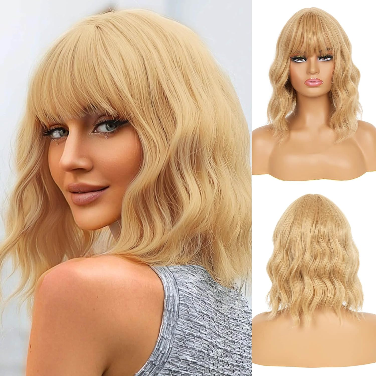 QUEENTAS Purple Wavy Bob Wigs for Women Shoulder Length with Bangs Short Curly Wig for Daily Use Cosplay Synthetic Hair Wig