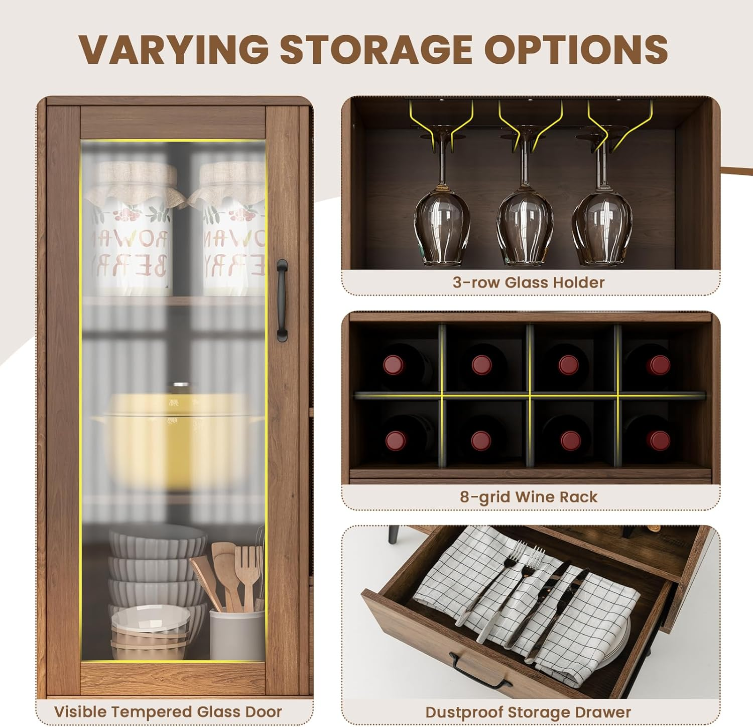 Giantex Buffet Sideboard, Wine Cabinet with Removable Wine Rack, Drawer, Shelves, Tempered Glass Door & Glass Holder, Wooden Wine Storage Sideboard for Kitchen Dining Room Living Room image number 5