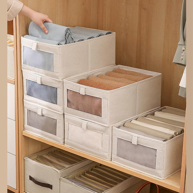 6 Pcs Linen Closet Organizers and Storage Clothing Bins Large Foldable Box with Window Storage Baskets for Closet Shelf Clothes Jeans Toys Organization, Cube Storage Boxes for Organizing (6) image number 4
