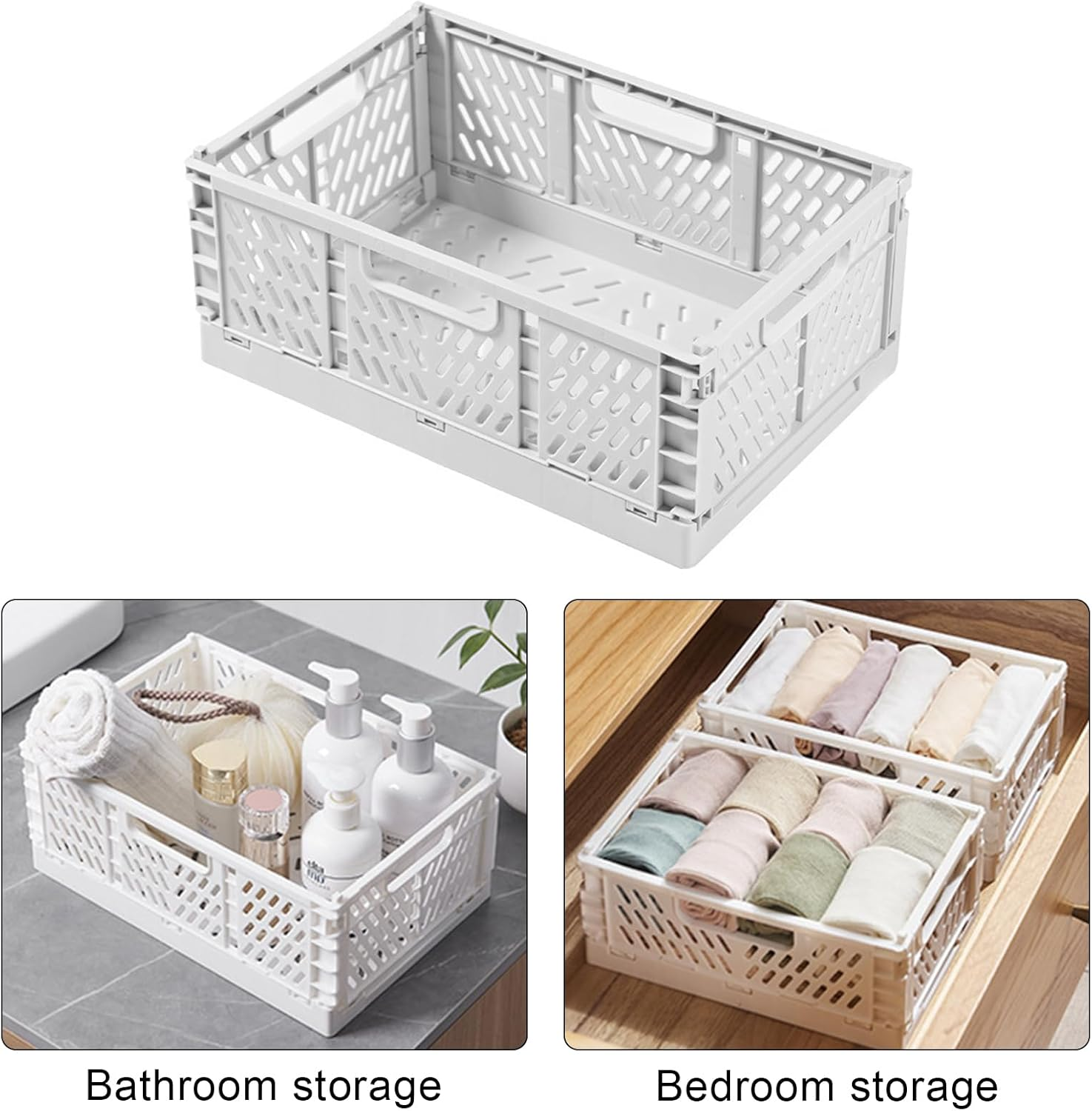 Wesoke Foldable Plastic Storage Basket, Small Collapsible Crates for Organizing, Medium Stackable Folding Organizer Bins for Desk Organization for Home Kitchen Bedroom Bathroom Office, White