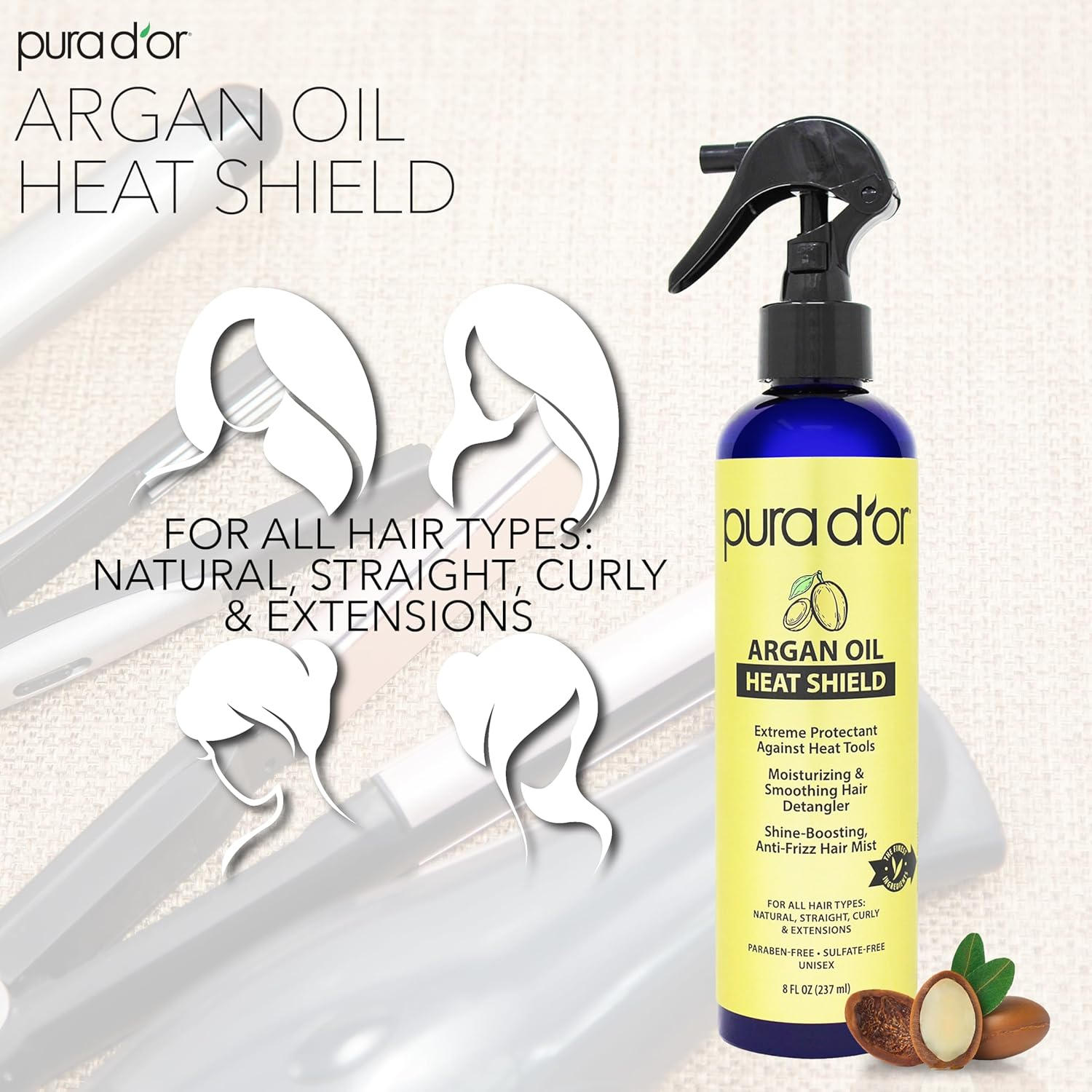 PURA D'OR Argan Oil Heat Shield Protectant Spray (8 Fl Oz / 237 Ml) - Infused with Argan Oil & Aloe Vera - Heat Protectant Spray & Leave-In Conditioner for Define & Shine Dry & Damaged Hair image number 2