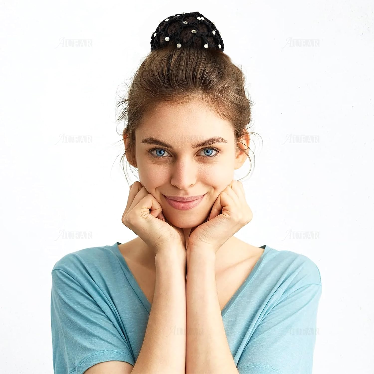 AUEAR, 5 Pack Hair Bun Cover Rhinestone Snood Hair Net Handmade Crochet Elastic Bun Hair Nets for Women Girls Ballet Dance Skating image number 3