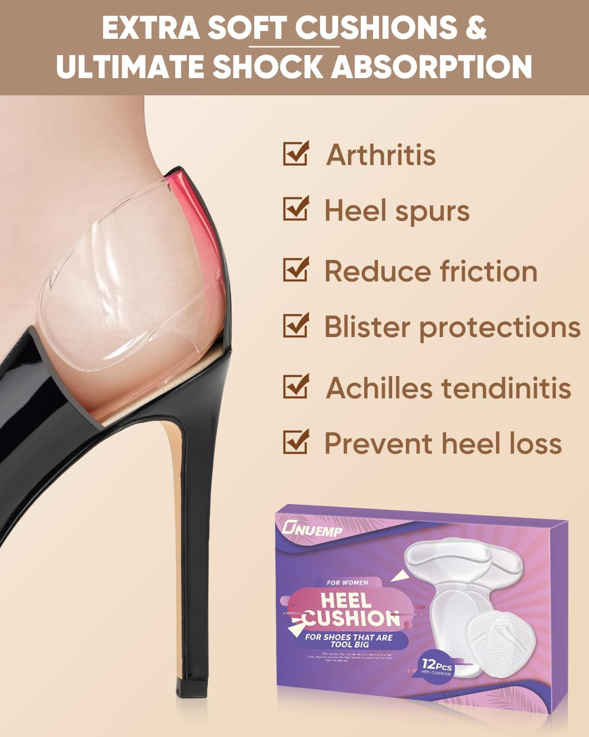 Heel Cushion Inserts and Metatarsal Pads for Women, 3 Pairs Heel Grips and 3 Pairs Ball of Foot Cushions, Silicone Shoe Pads Insoles for High Heels, Blister Prevention for Too Big Shoes image number 3