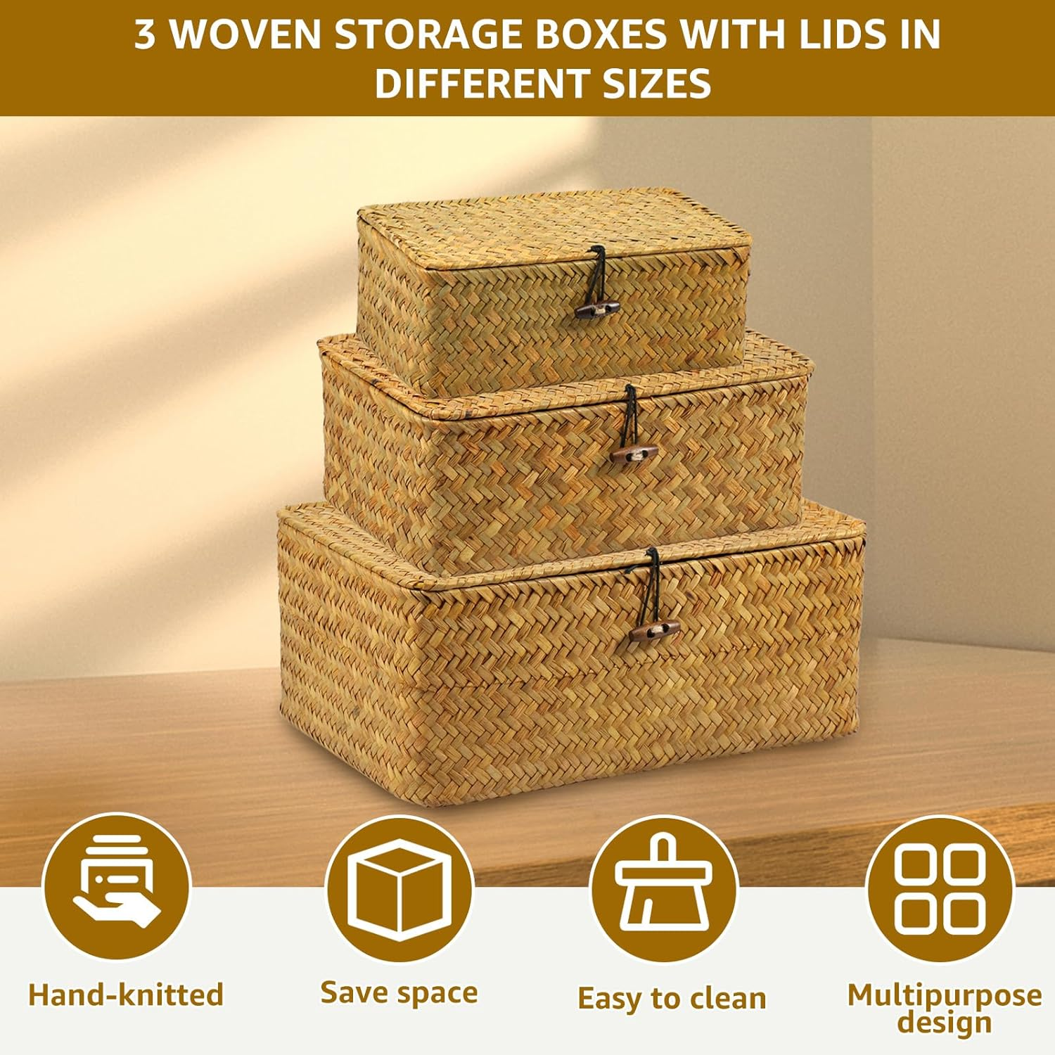 3 Pcs Hay Storage Basket - Handmade Woven Box with Lid, Sturdy Enduring Multifunctional Stackable Easy to Clean Basket for Toys Cosmetics Bathroom image number 2