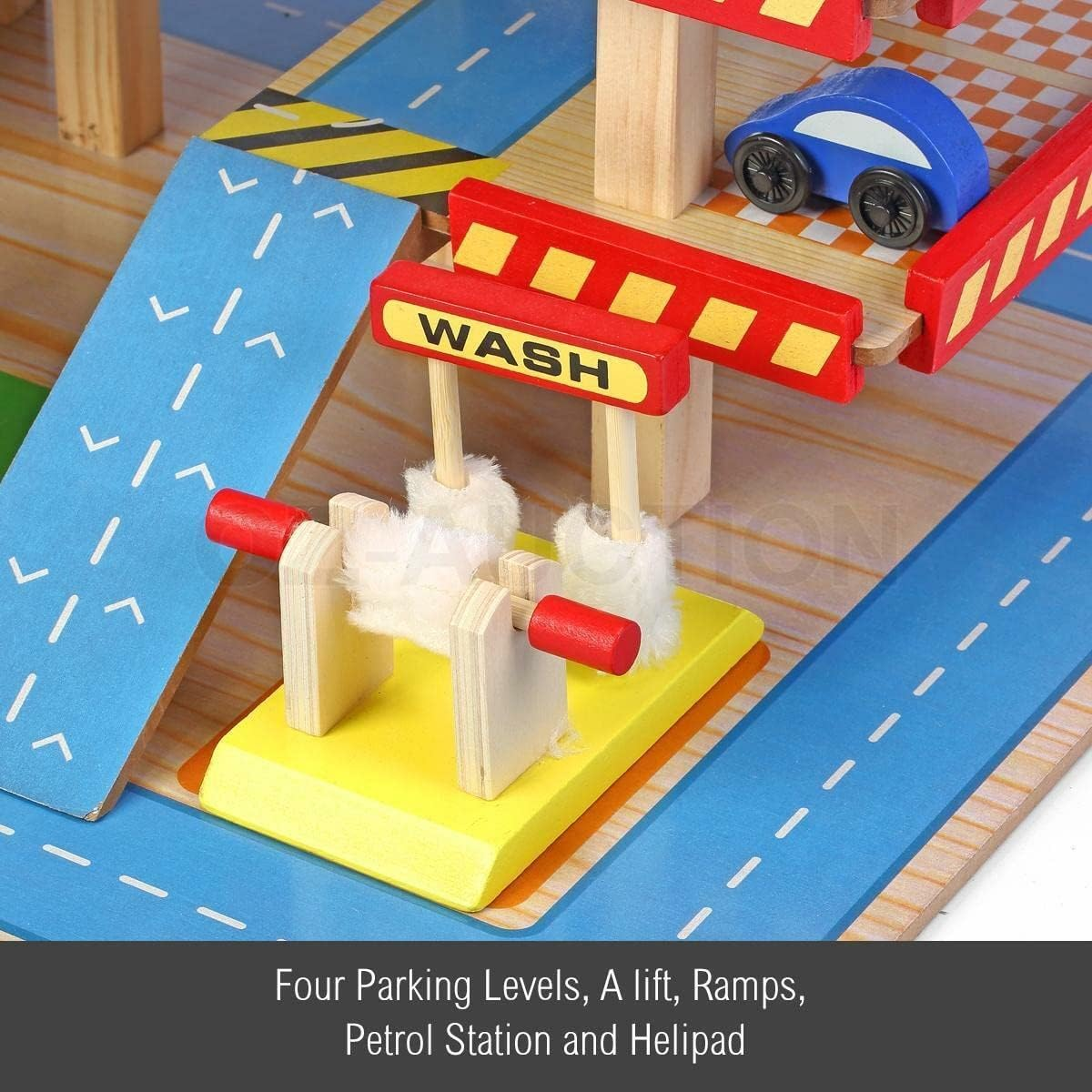 Kids Wooden Car Garage Premium Toy Car Park Car Ramp Car Parking Playset Colourful with 4 Levels Lift, Car&rsquo;S Car Wash, Petrol Station and Helicopter Pad image number 4