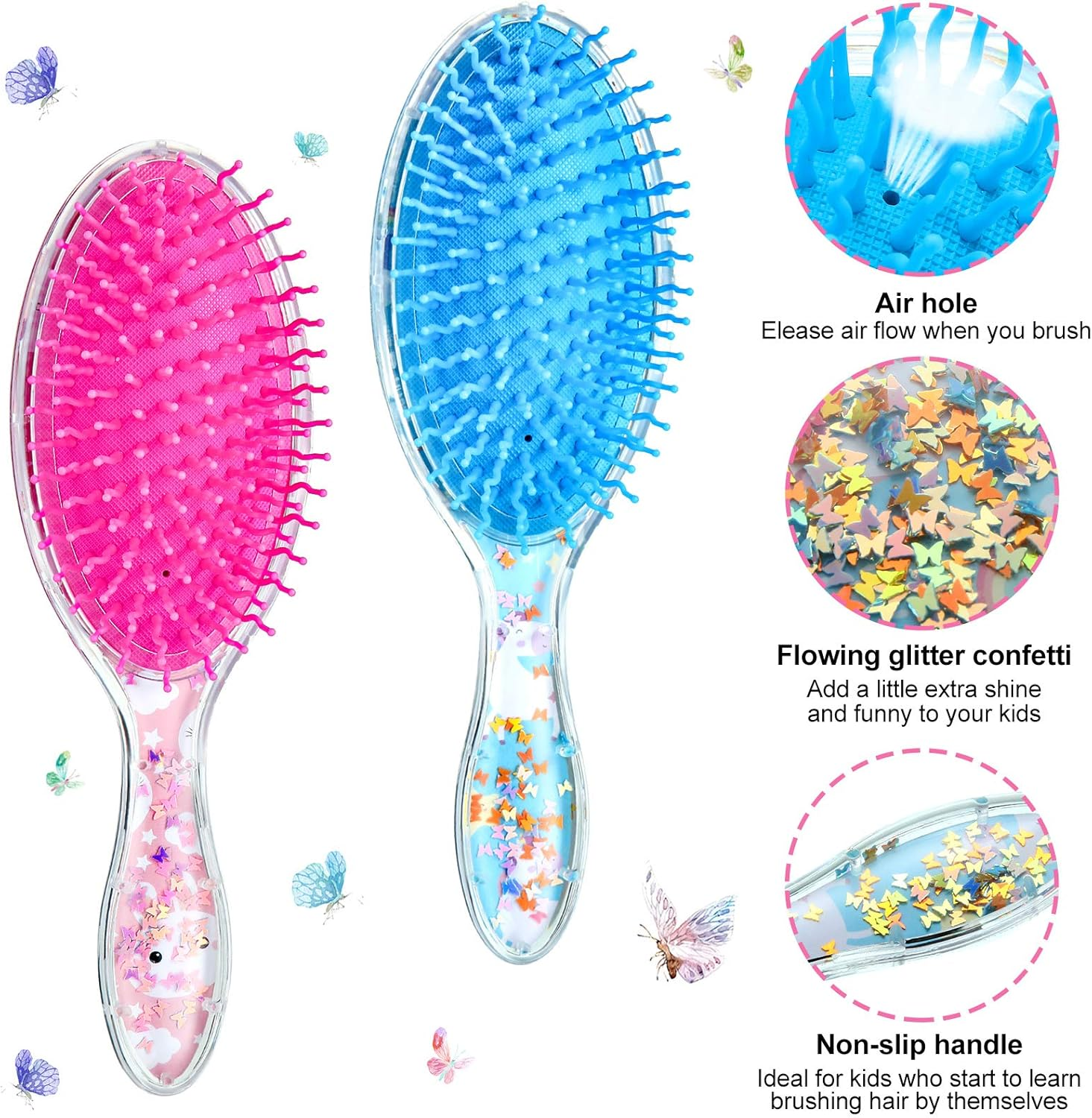 2 Pieces Kids Wet Hair Brush Confetti Glitter Detangler Set Soft Bristles Massage Brush for Baby Kids Girls Christmas Holiday Presents(Rabbit and Unicorn)