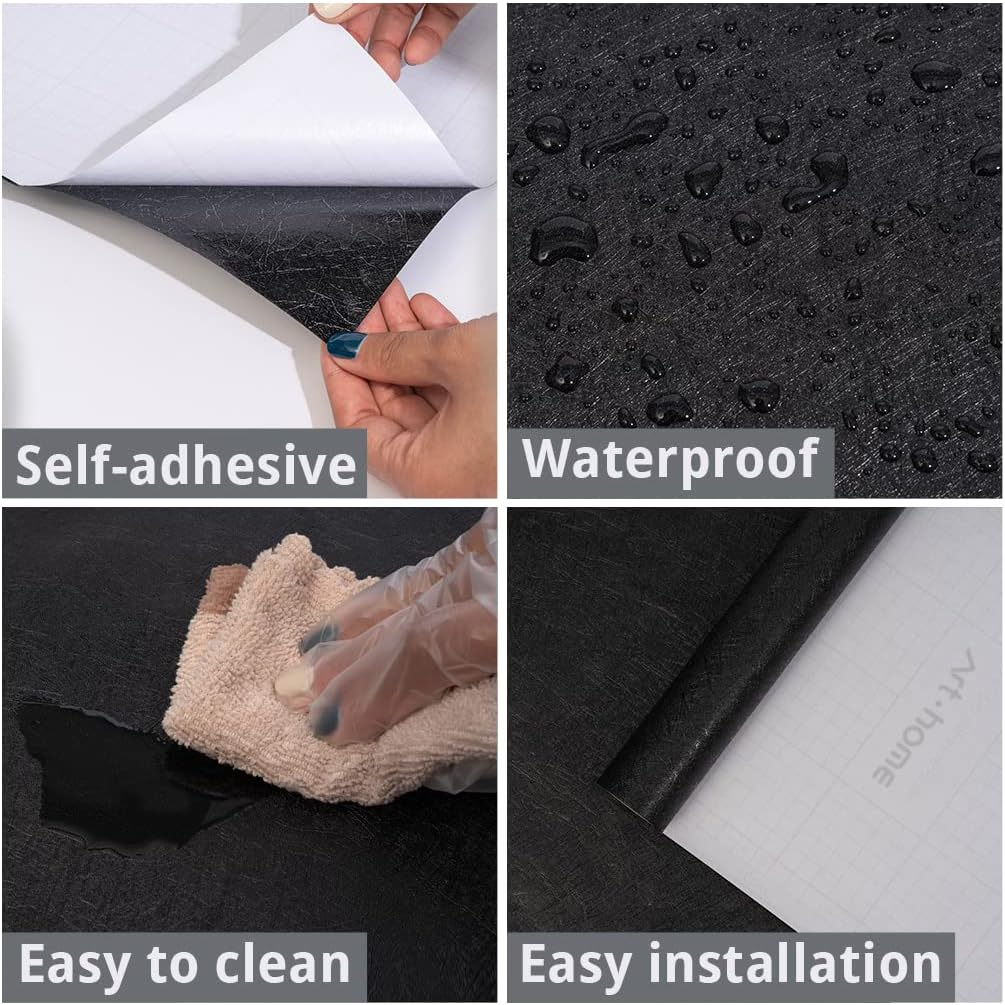 Arthome Black Silk Wallpaper 40X310Cm,Self Adhesive Silk Embossed Wallpaper,Removable Waterproof Kitchen Wall Stickers,Furniture Closet Surface Stickers image number 3