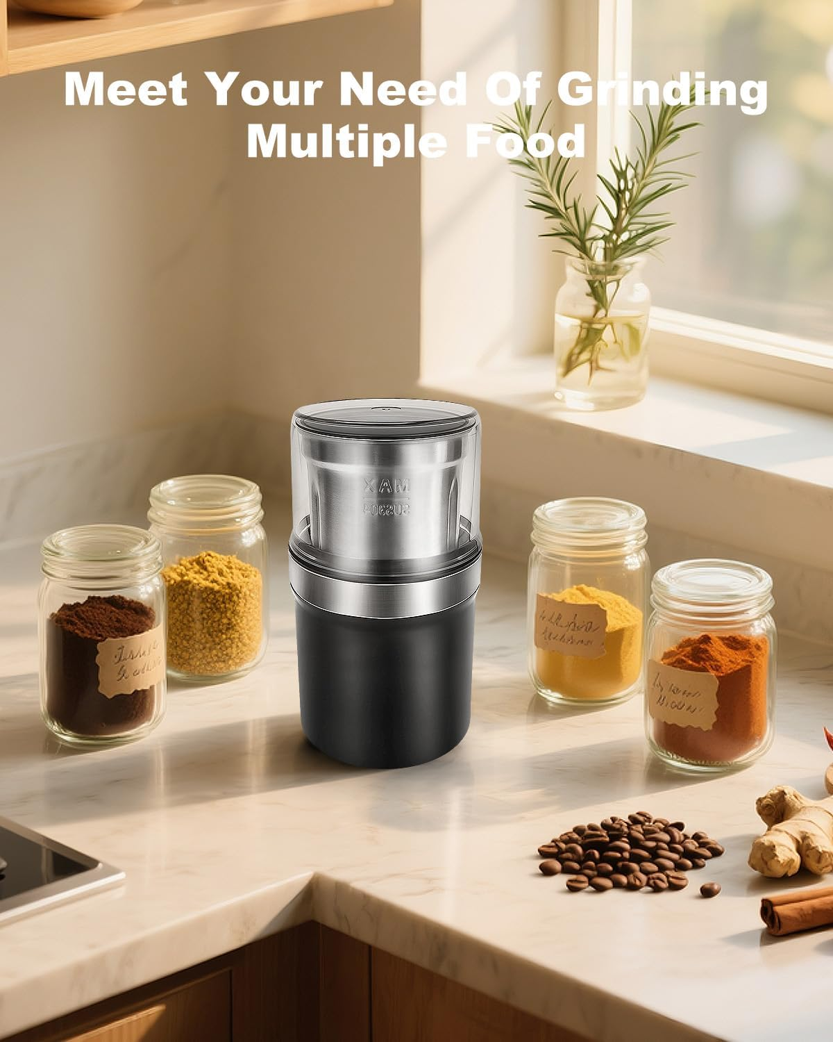 YLSD Electric Coffee Grinder & Spice Grinder, 3.5Oz /100G Capacity, Dual Leaf Stainless Steel Blade for Coffee Beans, Herbs, Nuts - Perfect for Home, Kitchen, Camping (Black) image number 2