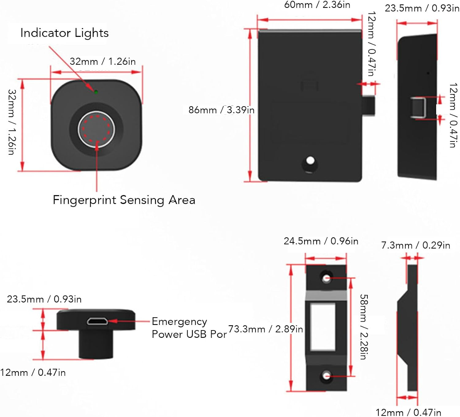 Fingerprint Drawer Lock, Smart Cabinet Lock with Multiple Unlocking Methods, ABS Material Keyless Entry System for Wood Cabinets 0.47-0.62 Inch Thick with Emergency USB image number 5