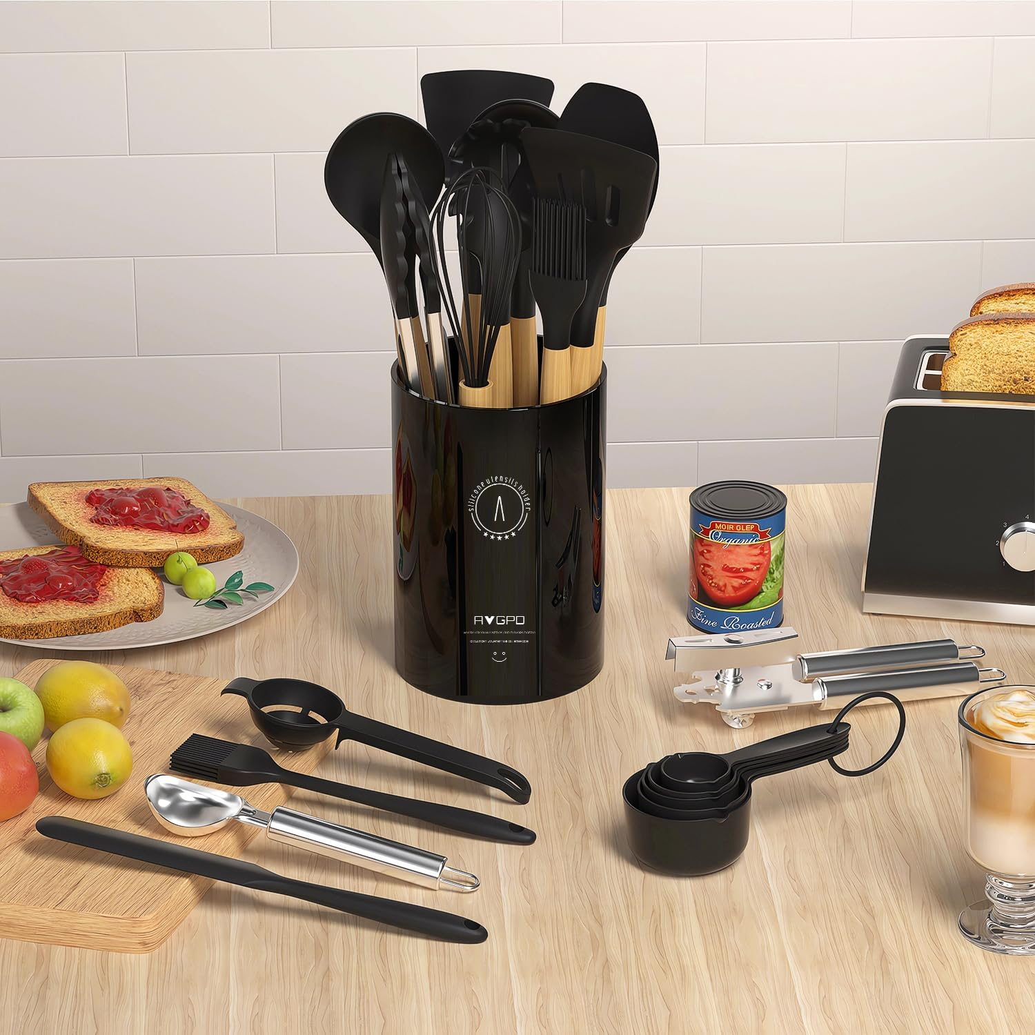 Silicone Cooking Utensils Set - 446&deg;F Heat Resistant Silicone Kitchen Utensils for Cooking, Kitchen Utensil Spatula Set W Wooden Handles and Holder, BPA Free Gadgets for Non-Stick Cookware (Black)