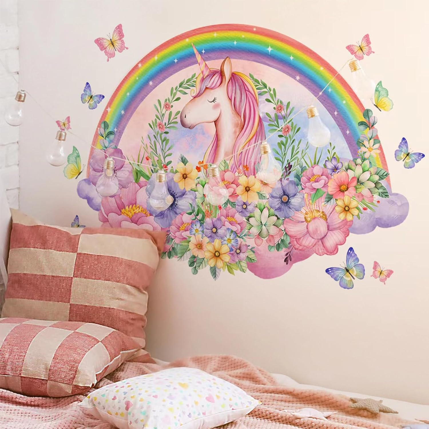 Unicorn Wall Decals, Rainbow Flowers Butterfly Wall Stickers, Girls Bedroom Living Room Kitchen Wall Door Decor image number 1