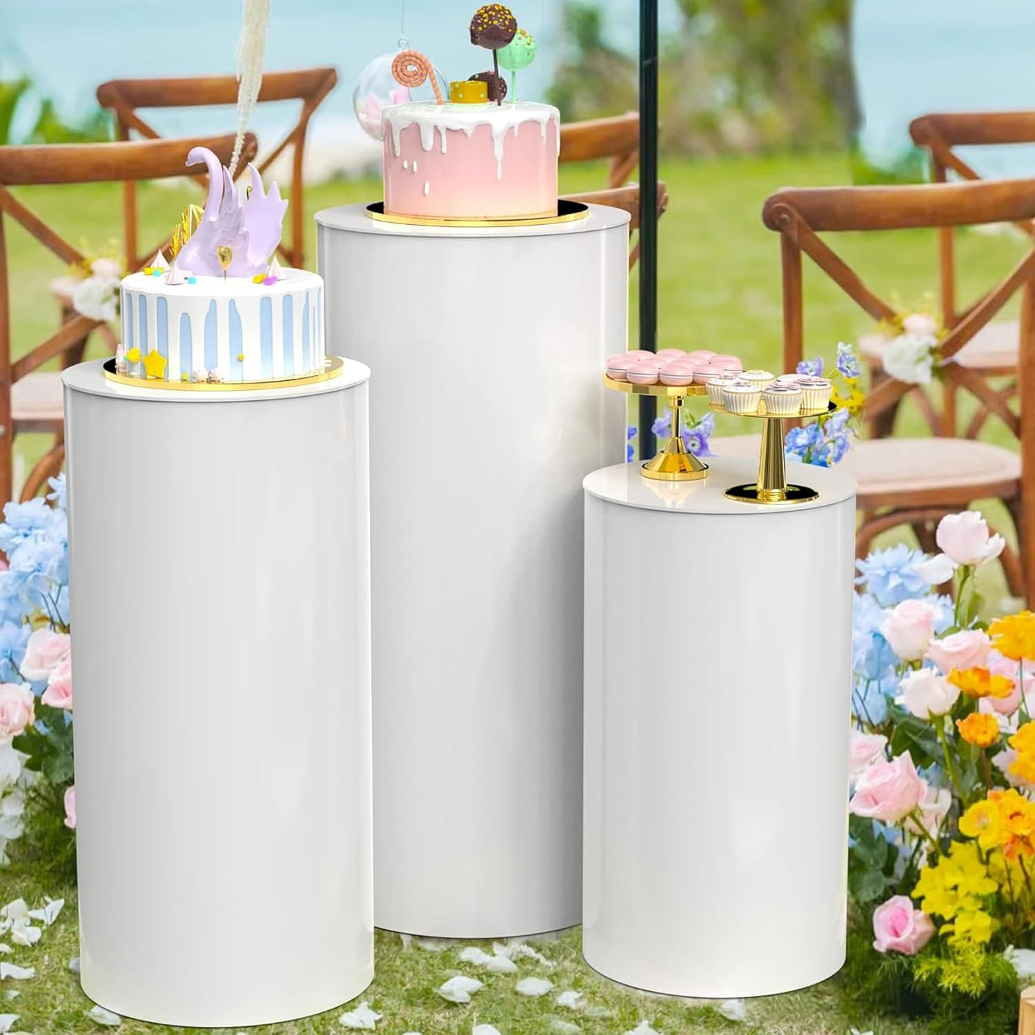 3Pcs Cylinder Pedestal Stands, round Display Plinth Pillars for Birthday Wedding Party Decor, White PVC 60Cm 75Cm 90Cm Tall image number 1