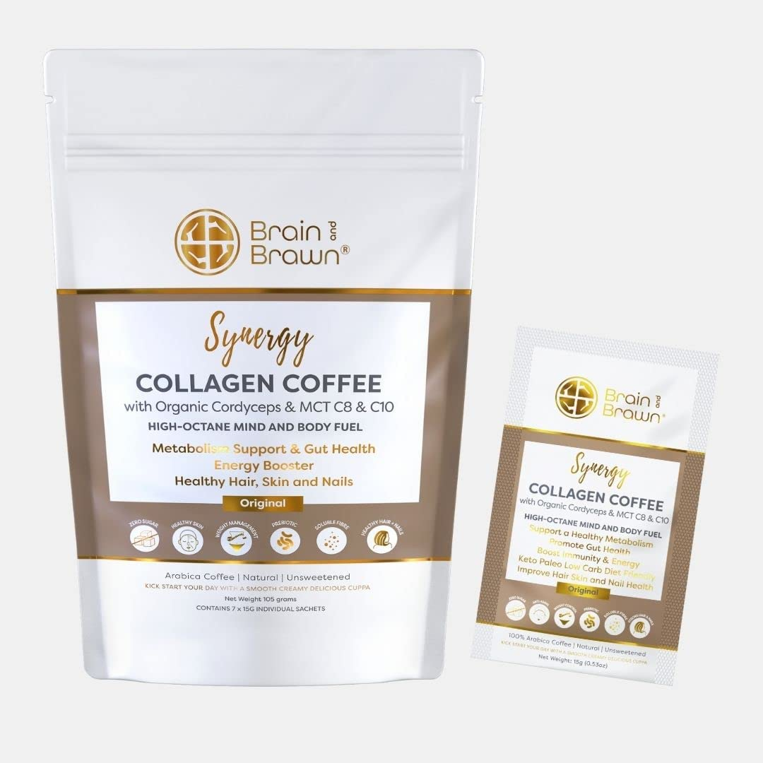 Synergy Collagen Coffee (7 X 15G Sachet) with Organic Cordyceps and Collagen Peptides for Skin, Hair and Nail Health, MCT Oil, Organic Cordyceps and Acacia Fibre, 100% Arabica Coffee, Unsweetened, All-In-One Beauty Coffee 105G (7 Serves) image number 4