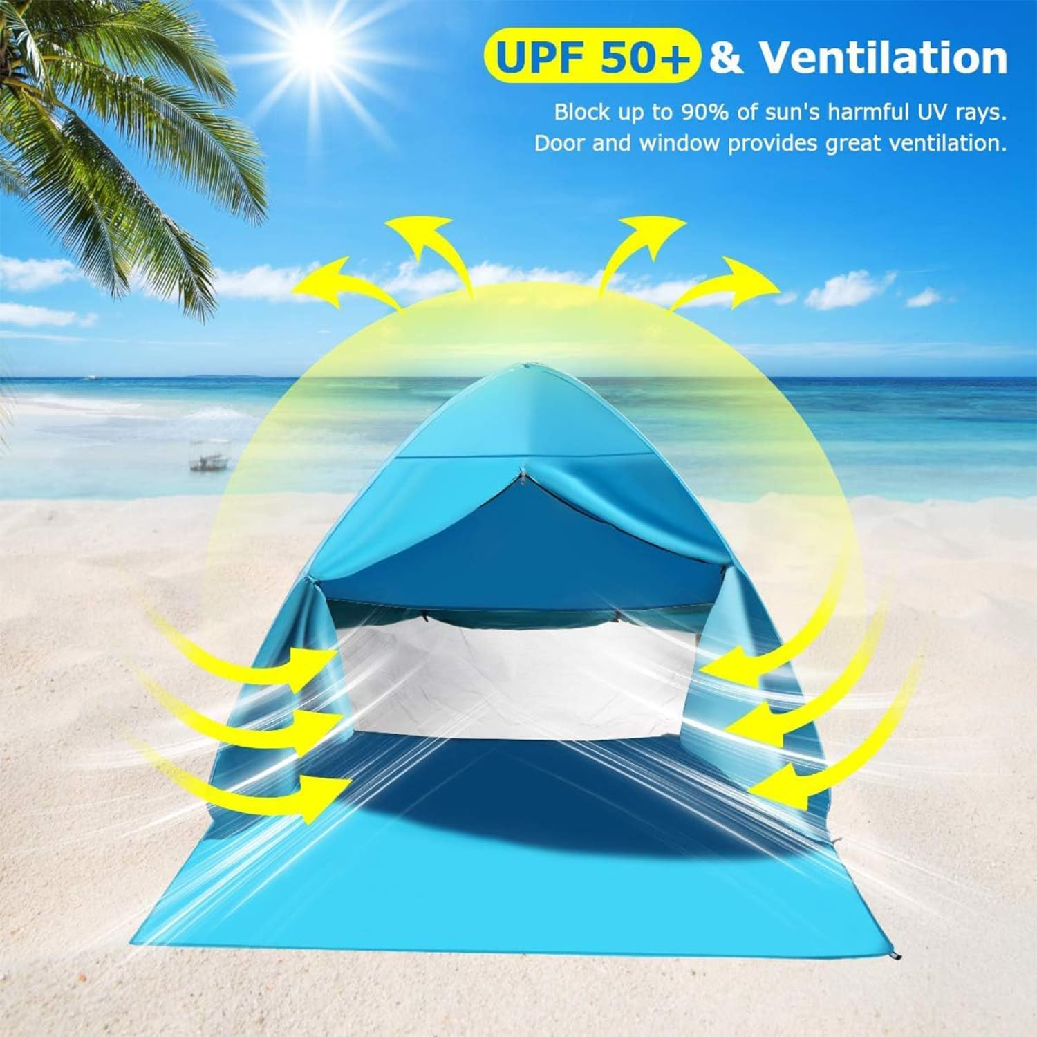 Beach Tent, Easy Pop up Beach Shade, Portable Beach Tent with Carry Bag, anti UV Instant Portable Tent Sun Shelter, UPF 50+, for 2-3 Person, for Camping Fishing Hiking Picnic Touring image number 3