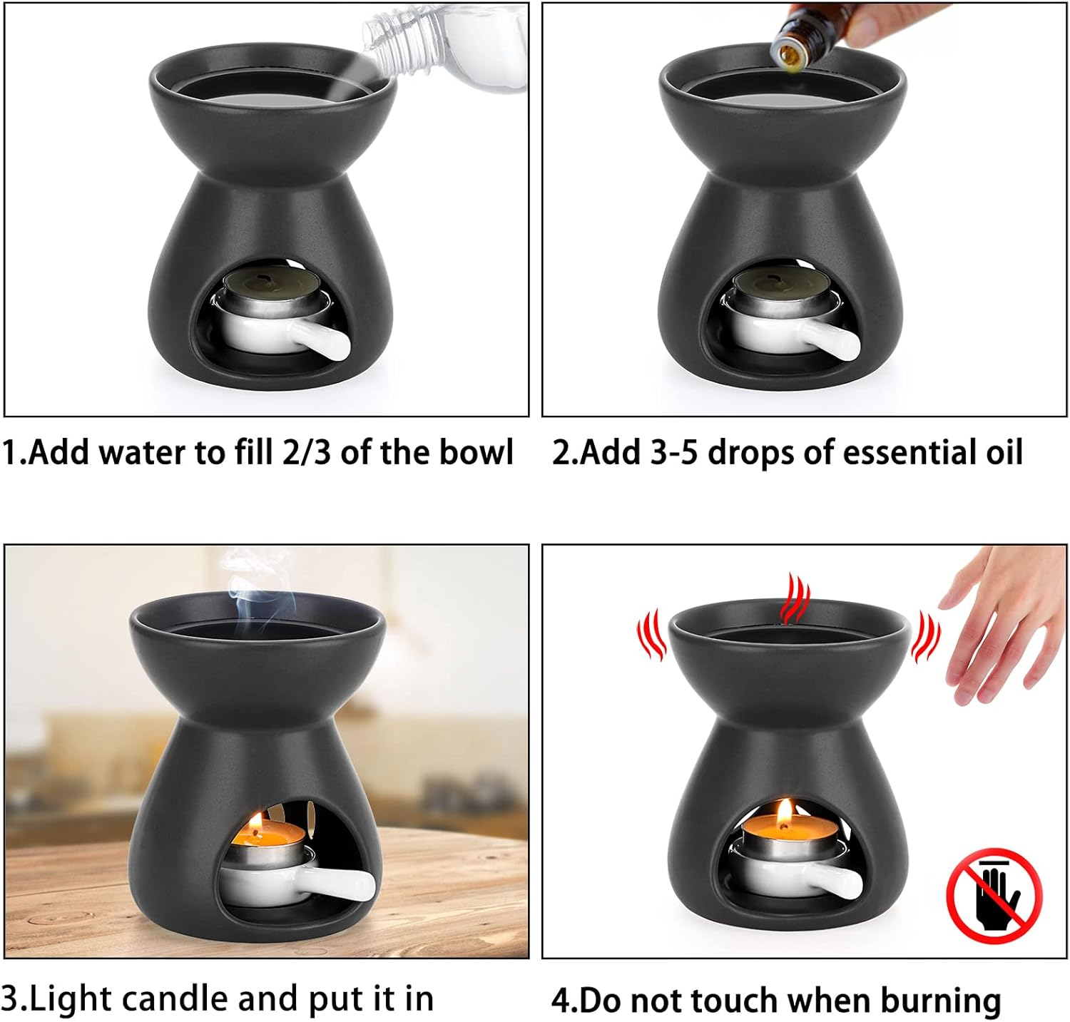 BSTKEY Ceramic Oil Burner Aroma Diffuser, Decorative Wax Melt Burner with Little Candle Spoon, Candle Burner for Home Office, Funnel Model (Black) - White image number 4
