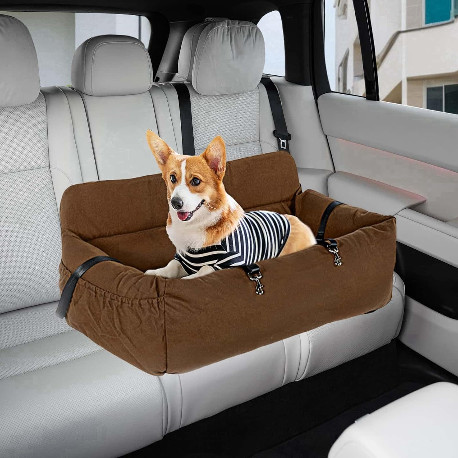 MIDAGAS Dog Car Seat, Detachable and Washable Pet Car Seat, Portable Dog Booster Seat, Dog Car Travel Carrier Bed with Storage Pockets and Clip-On Leash, Perfect for Medium and Large Dogs - Black image number 6