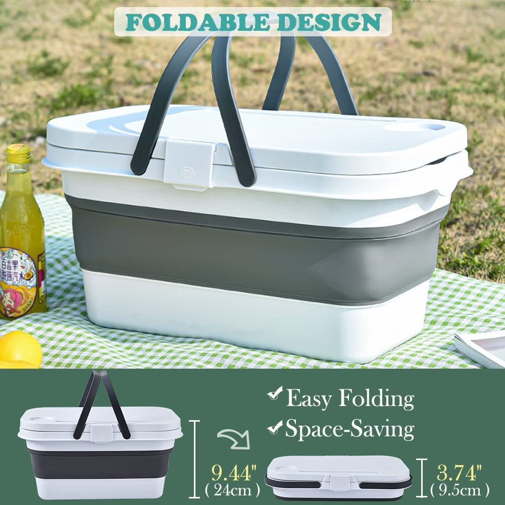 FOREVERIE Waterproof Collapsible Picnic Basket, Camping Foldable Water Bucket/Basket with Food Table Function & Double Handles for Cars Outdoor Beach or Hiking