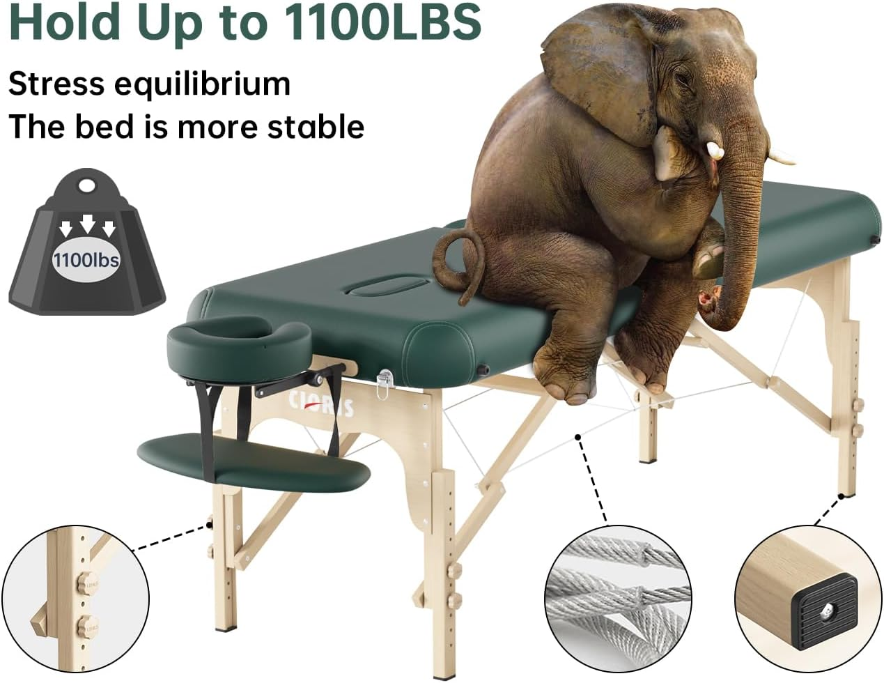 CLORIS 84" Professional Massage Table Portable 2 Folding Lightweight Facial Salon Spa Tattoo Bed Height Adjustable with Carrying Bag & Wooden Leg Hold up to 1100LBS Green image number 1
