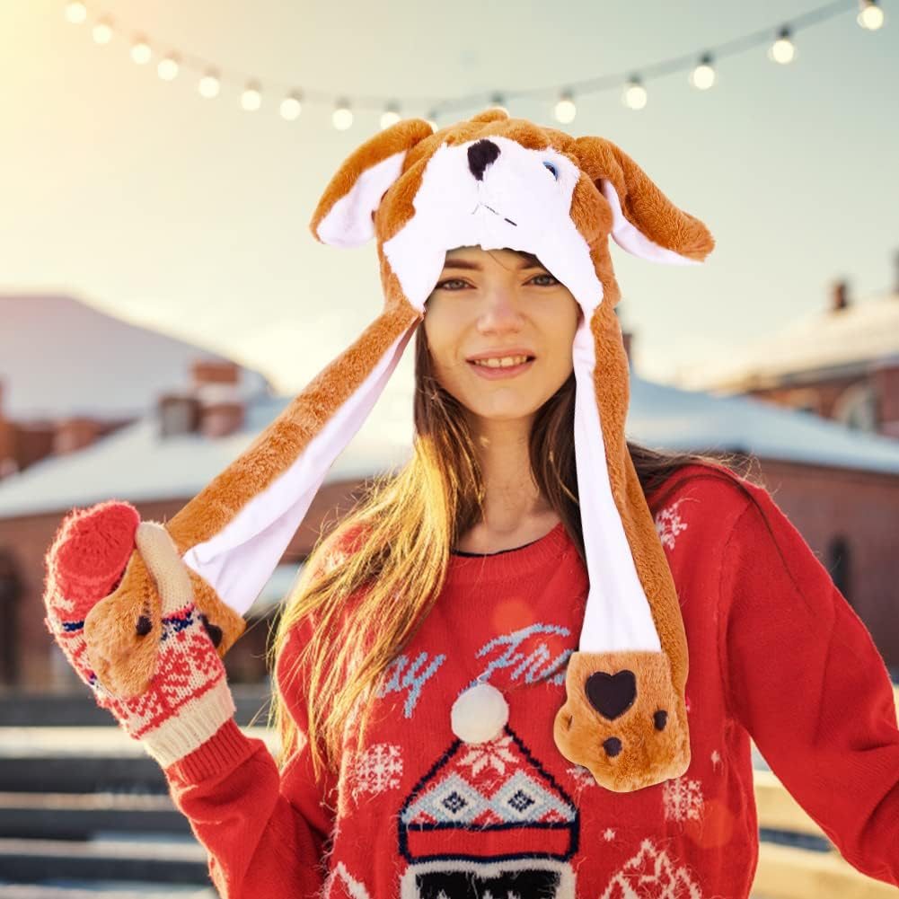Hpory Animal Hat with Moving Ears, Animals Ear Moving Jumping Hat with Panda Penguin Bear Piggy Cat Dog Tiger Chick, Funny Plush Hat Cap Cosplay Accessory for Halloween Easter Christmas Birthday image number 2