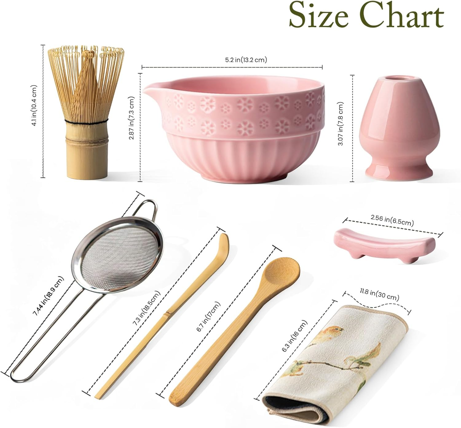 Matcha Tea Set &ndash; 8 Pcs Japanese Matcha Ceremony Kit with Matcha Bowl with Spout, Whisk (Chasen), Scoop (Chashaku),Spoon, Sifter, Tea Cloth (Chakin), Chasen Holder, Ceramic Stand for Scoop - Blush Sakura image number 4