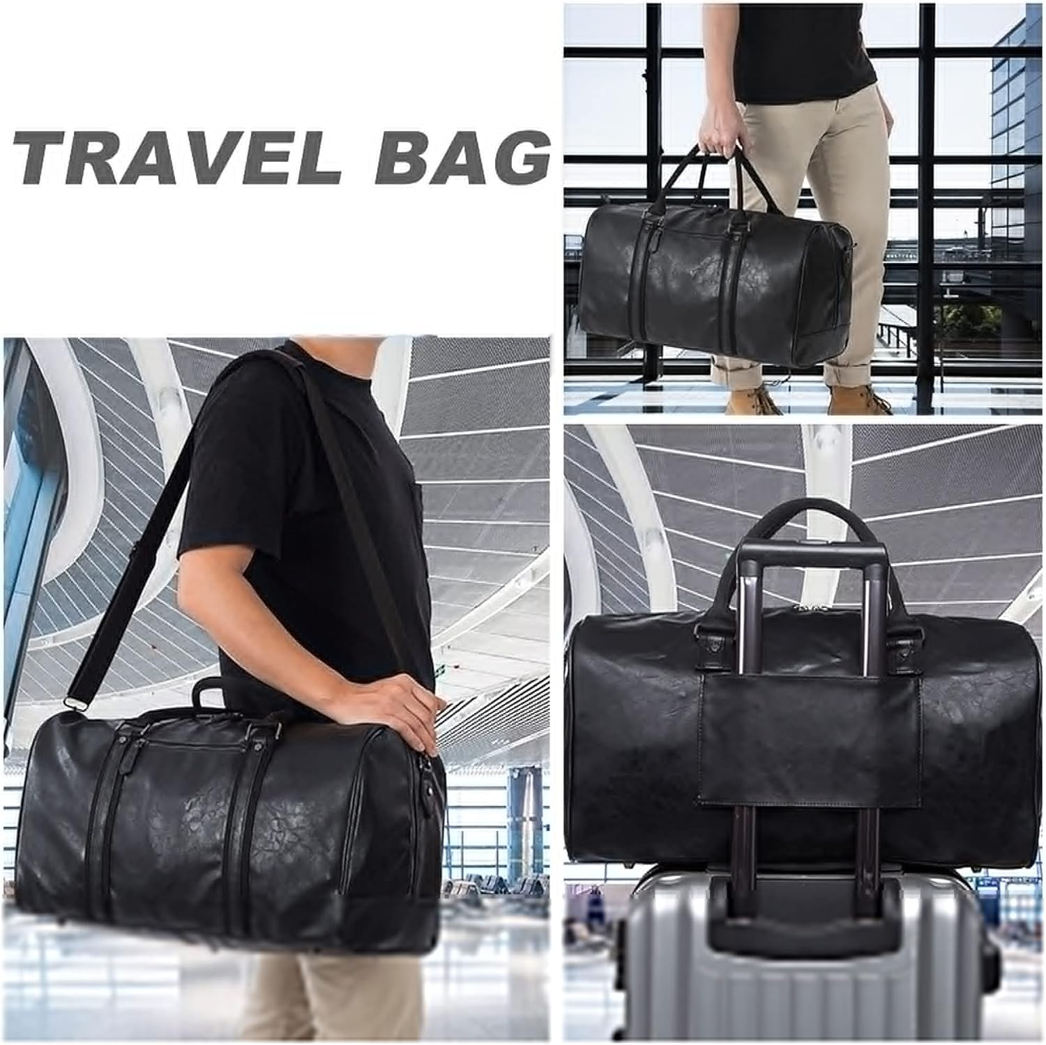 Oversized Duffle Travel Bag Waterproof Leather Weekend Bag Large Carry on Large Carry on Hangbag for Mens or Women, [Z]Black