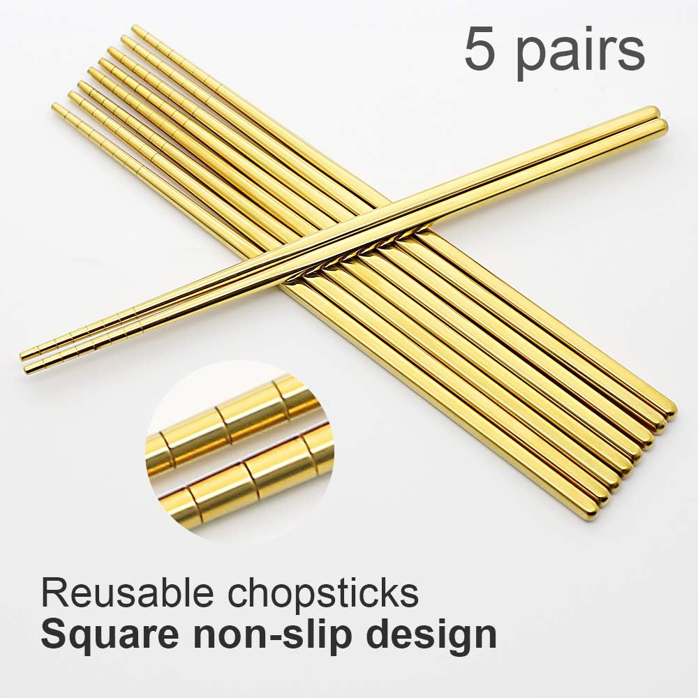 Stainless Steel Chopsticks Reusable Multicolor Lightweight 304 Metal Chopsticks Dishwasher Safe - 5 Pairs (Gold) image number 5