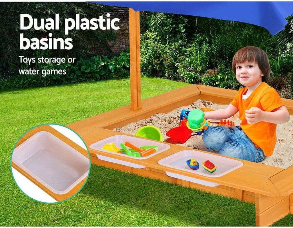 Keezi Kids Sandpit, Wooden Water Table Sand Pit Play Toys Sandcastle Garden Patio Beach Activity Outdoor Toy Games, with Adjustable Canopy Ground Sheet 2 Basins Nature Wood image number 6