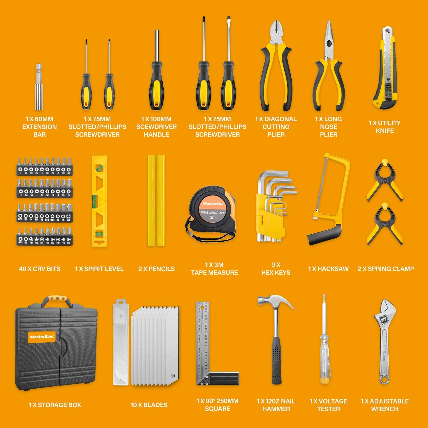 Masterspec 79-Piece Hand Tool Set Household Comprehensive Kit Auto Repair Tool Set Multi-Functional Tool Kits for Homeowner General Household Hand Tool Set W/ 1 Storage Case for Repairing image number 4