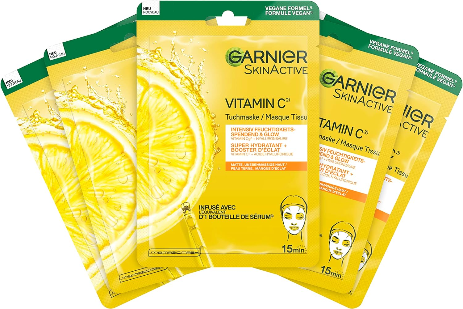 Garnier Moisturising Cloth Masks for Sensitive Skin, with Hyaluronic Acid and Vitamin C, for Radiant Skin and Glow Effect, Skinactive, 5 X 1 Masks image number 1
