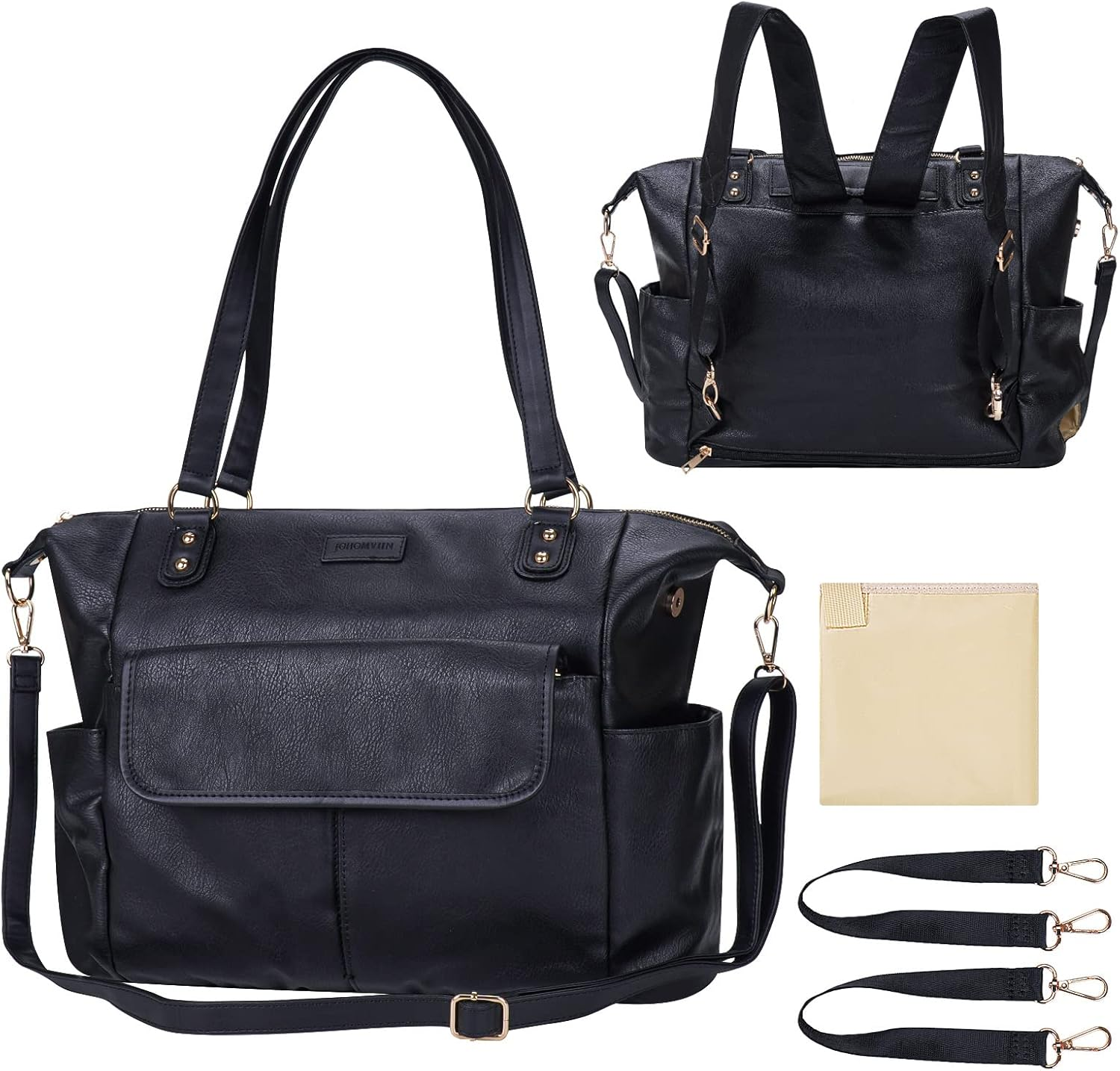 Diaper Bag Tote Johomviin Fashion Leather Diaper Bag Backpack with 13 Pockets for Mom Dad, Large Travel Baby Bag Purse for Boys Girls with 3 Insulated Pockets, Changing Station - Black