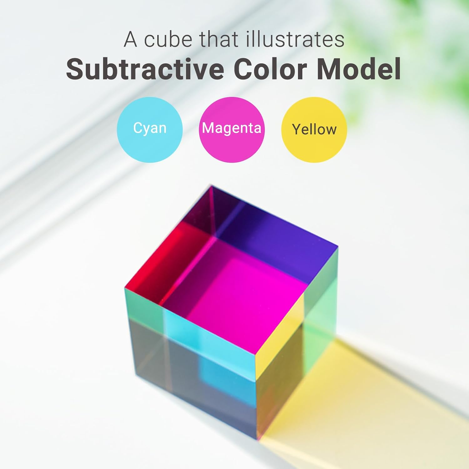 Ikeelo Color Cube (60Mm) with Stand - Cyan, Magenta & Yellow Cube - Illustrates Subtractive Color Model - Novelty Educational STEM Toy for Birthdays and Christmas