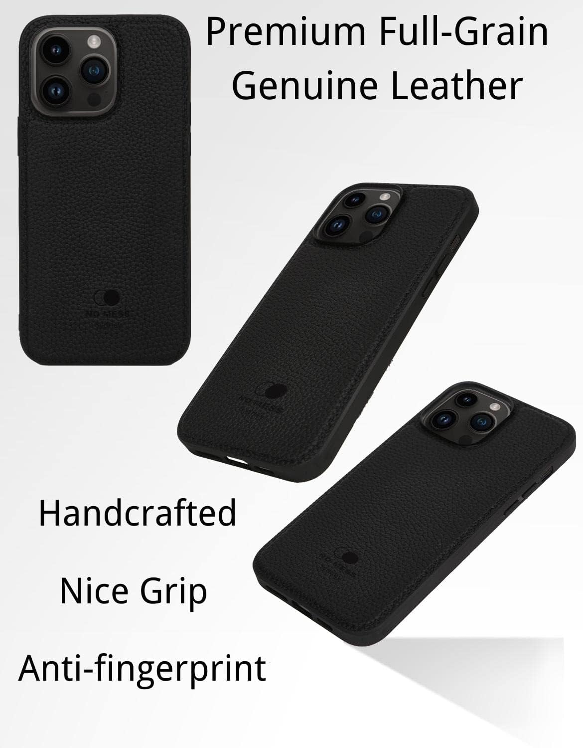 NO MESS Sydney Iphone 14 Pro Max Genuine Pebbled Leather Case Compatible with Magsafe，Mobile Phone Case Handcrafted,Slim Back Cover (Black) - Black image number 3