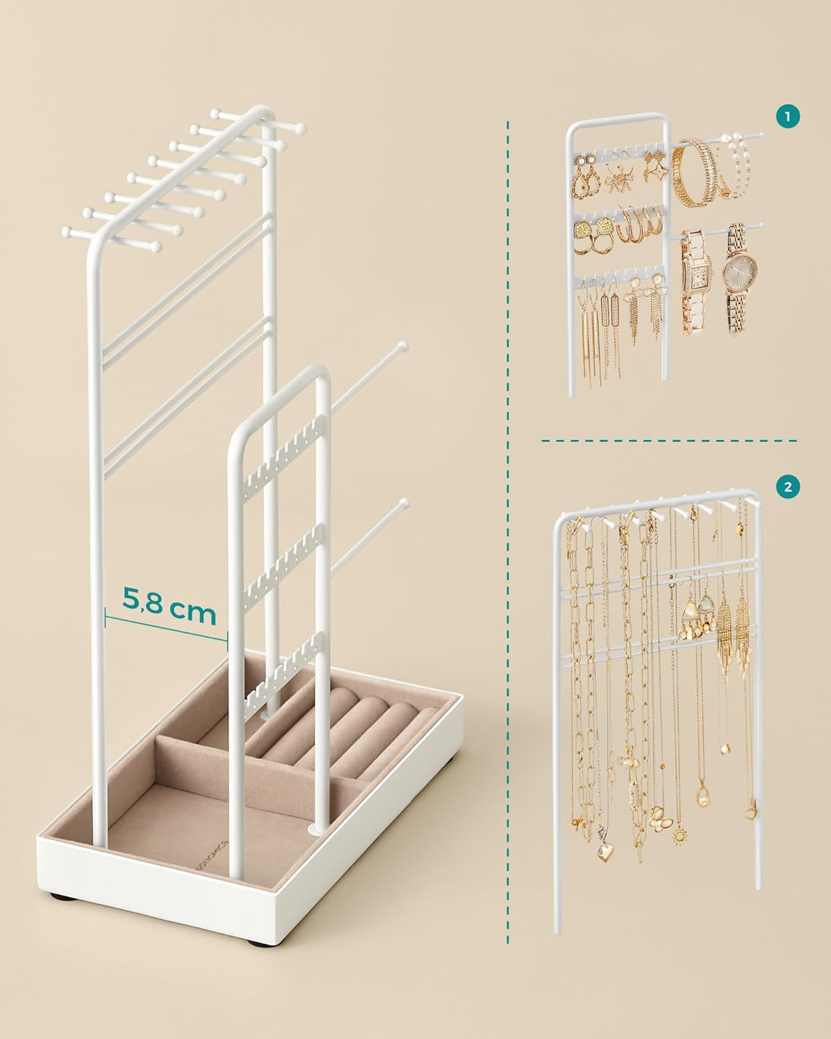 Songmics SONGMICS Jewellery Stand, Jewellery Organiser, Jewellery Display Stand with Metal Frame and Velvet Tray, Earring Bracelet Holder, Necklace Stand, for Studs, Rings, Gift Idea, White JJS021W01 image number 3