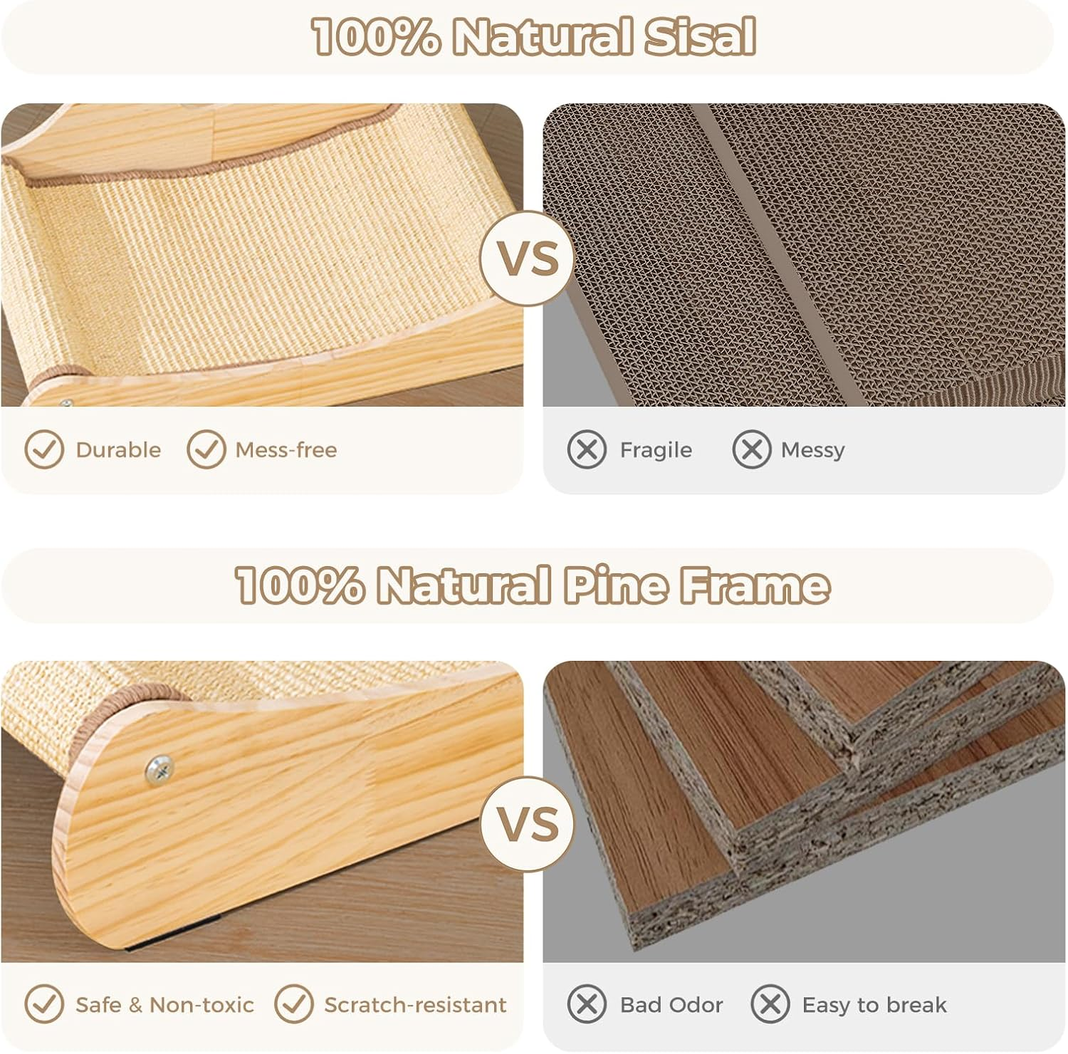 Avont Sisal Cat Scratcher Bed Wood Scratch Lounger Scratching Chair for Indoor Cats, Comfortable Hammock for Naps Kitten Scratch Pads Nature Wooden Furniture for Cat -Nature image number 2