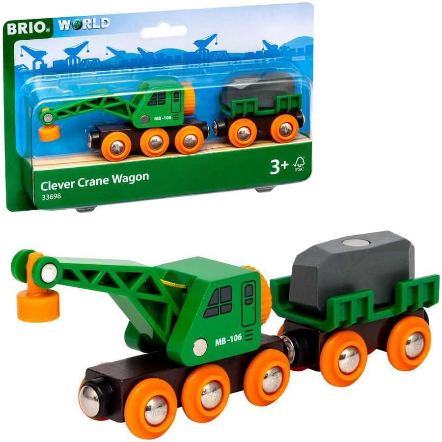 BRIO 33698 Clever Crane Wagon &ndash; 4-Piece Wooden Railway Accessory Set with Crane, Compatible with BRIO Trains for Kids 3+ Years image number 1