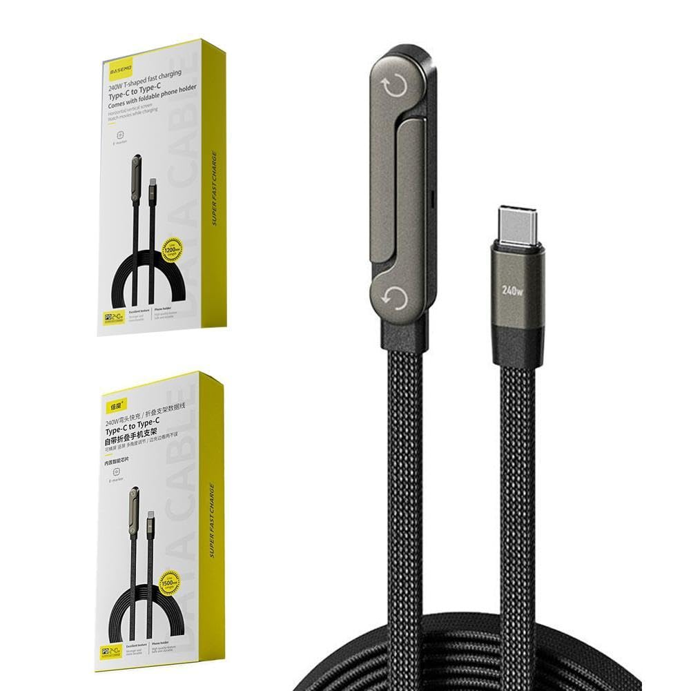 240W Invisible Stand Charging Cable with Braided Cables, 2 In1 Mobile Phone Holder Data Cable, 360&deg; Foldable Rotation Multi Alloy Nylon Braided Type C Charger for Phone Tablets (1.5M/5Ft/1Pcs) image number 4