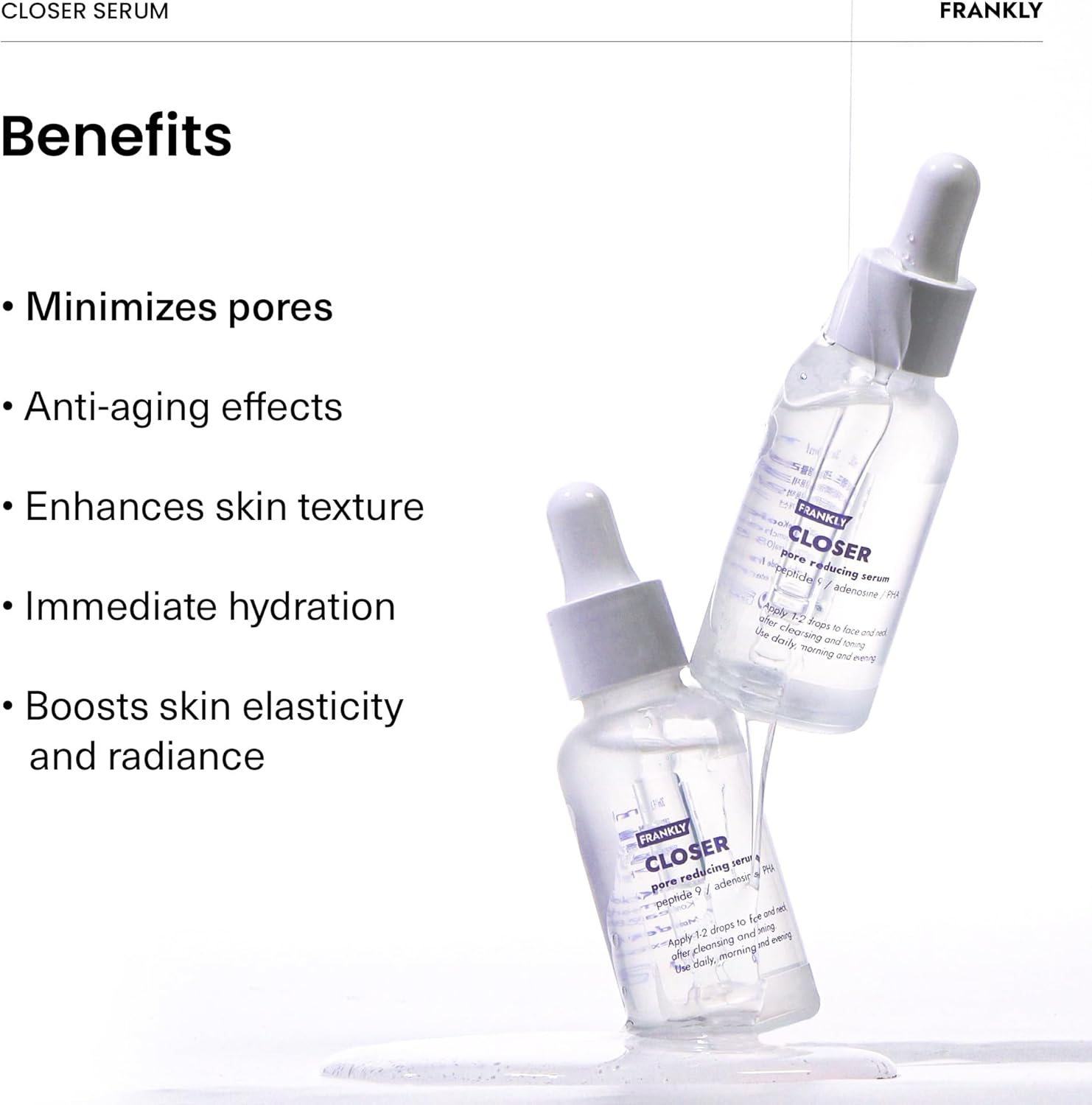 FRANKLY Closer Serum | Pore Minimizer Serum | 9 Peptides, Vegan Collagen, Adenosine, PHA | Korean Pore Minimizer for Glass Skin, Anti-Aging, Hydration, Elasticity | 1.01 Fl Oz